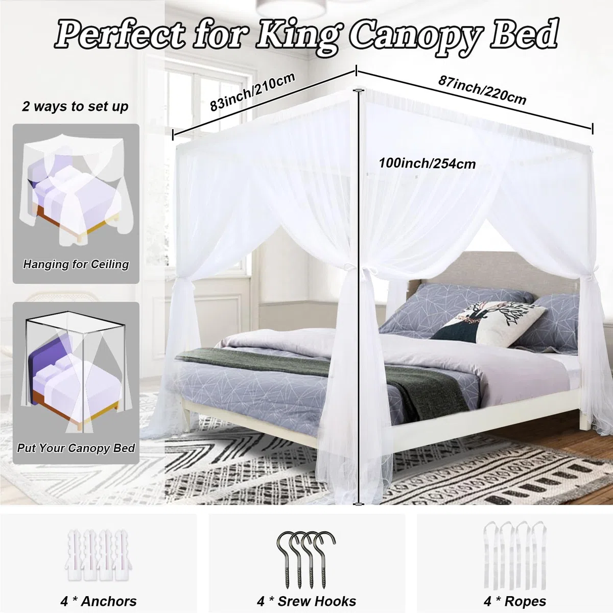 South To East Tende da letto a baldacchino a 4 angoli per adulti, zanzariera per letto, lussuose tende da letto per la decorazione della camera, in poliestere antistrappo, facili da installare
