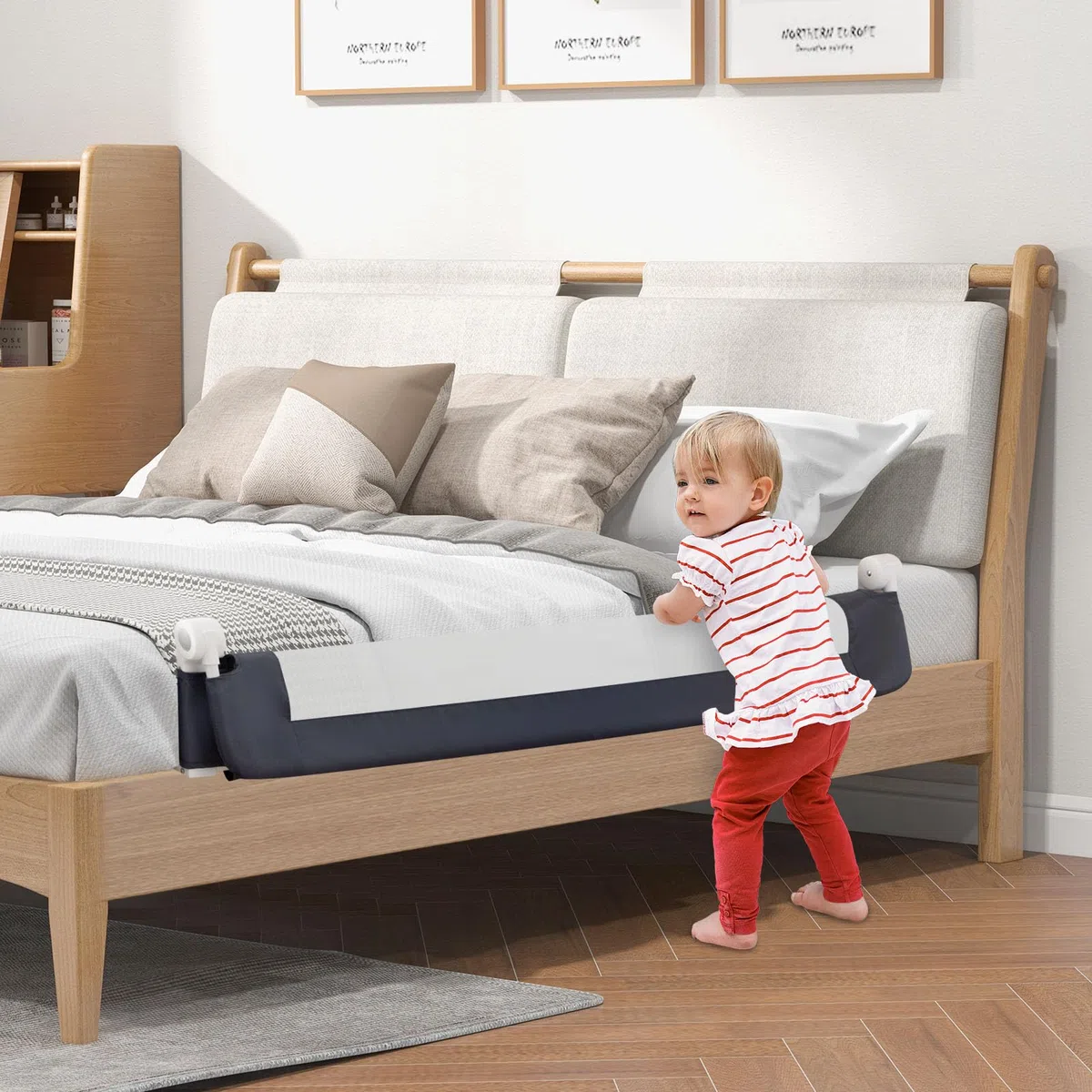 COSTWAY Sponda Letto per Bambini 105/120/150 cm, Barriera di Sicurezza per Neonati, Barriera Letto Pieghevole e Portatile, con Cinghia di Sicurezza (Grigio, 152 x 34 x 42 cm)