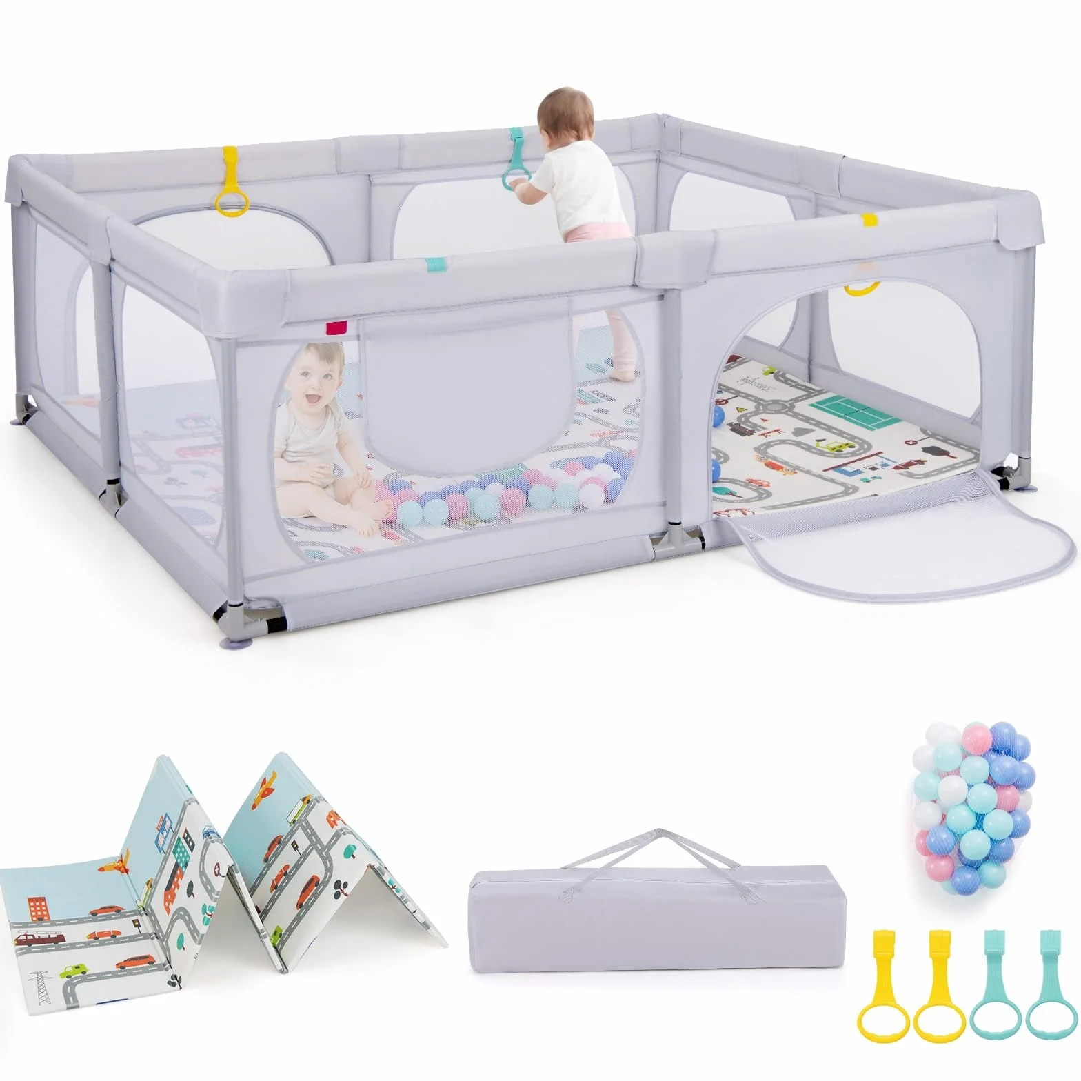 LIFEZEAL Recinto Bambini con Tappeto Gioco, 189x158cm, Box Neonato con Materassino, Box Bimbo 0~36 Mesi con Borsa, Anelli e Palline Colorate, Recinto Neonati in Rete Traspirante (grigio chiaro)