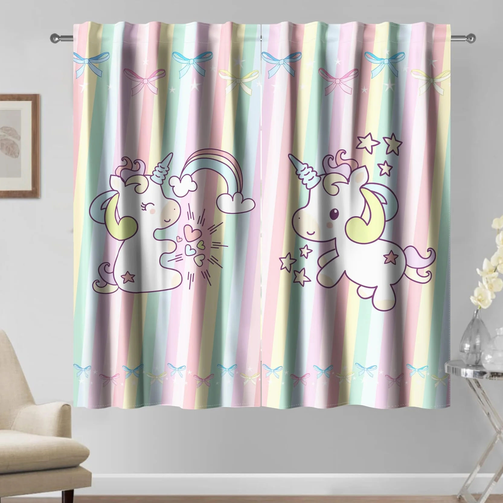 Tende Rosa 2 Pannelli 107x160cm Strisce Colorate Arcobaleno per Bambini Ragazze Cameretta