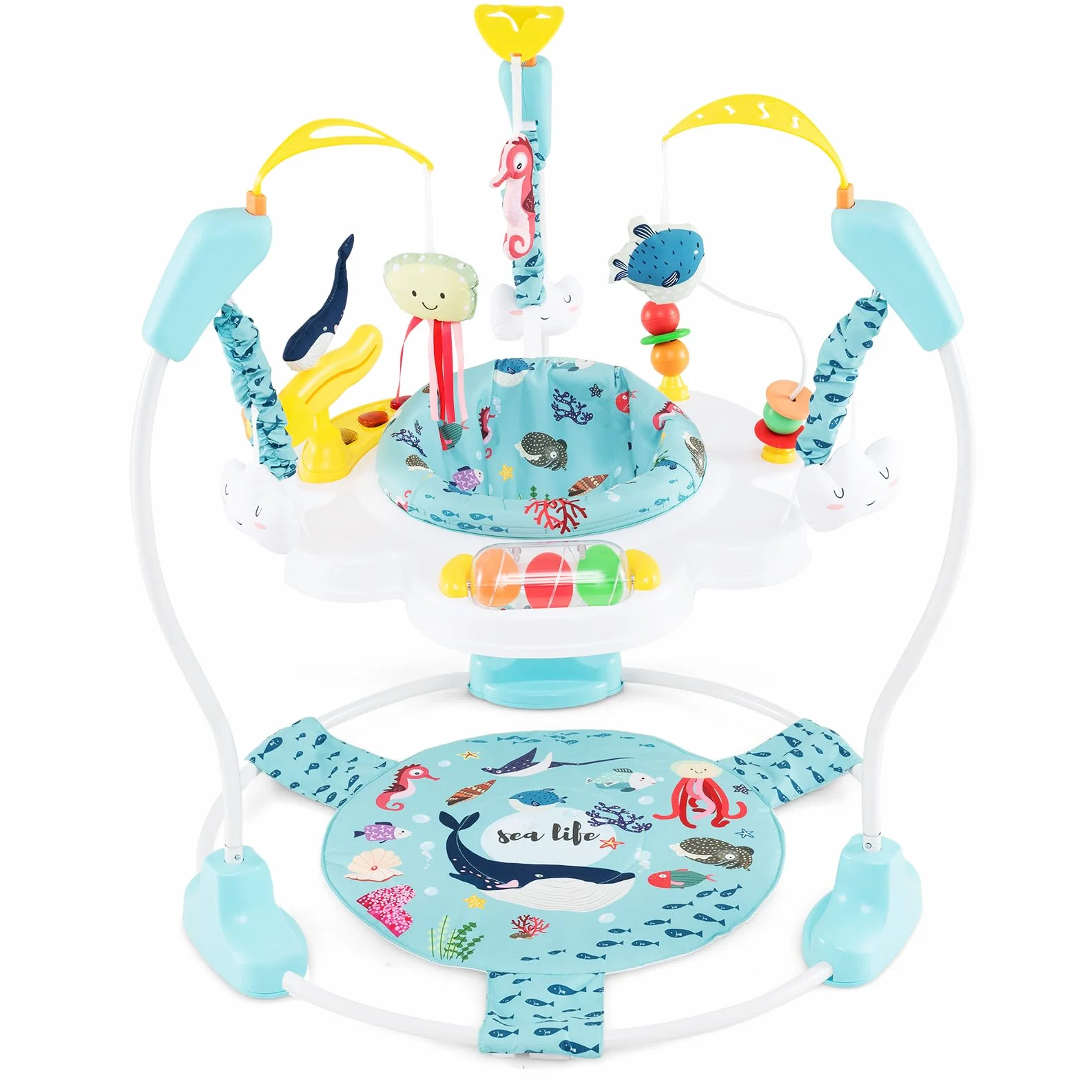 COSTWAY Jumperoo per Bambini, Centro Attività Saltella con Altezza Regolabile, Sedile Girevole 360°, Luci e Suoni, 6+ Mesi, Azzurro