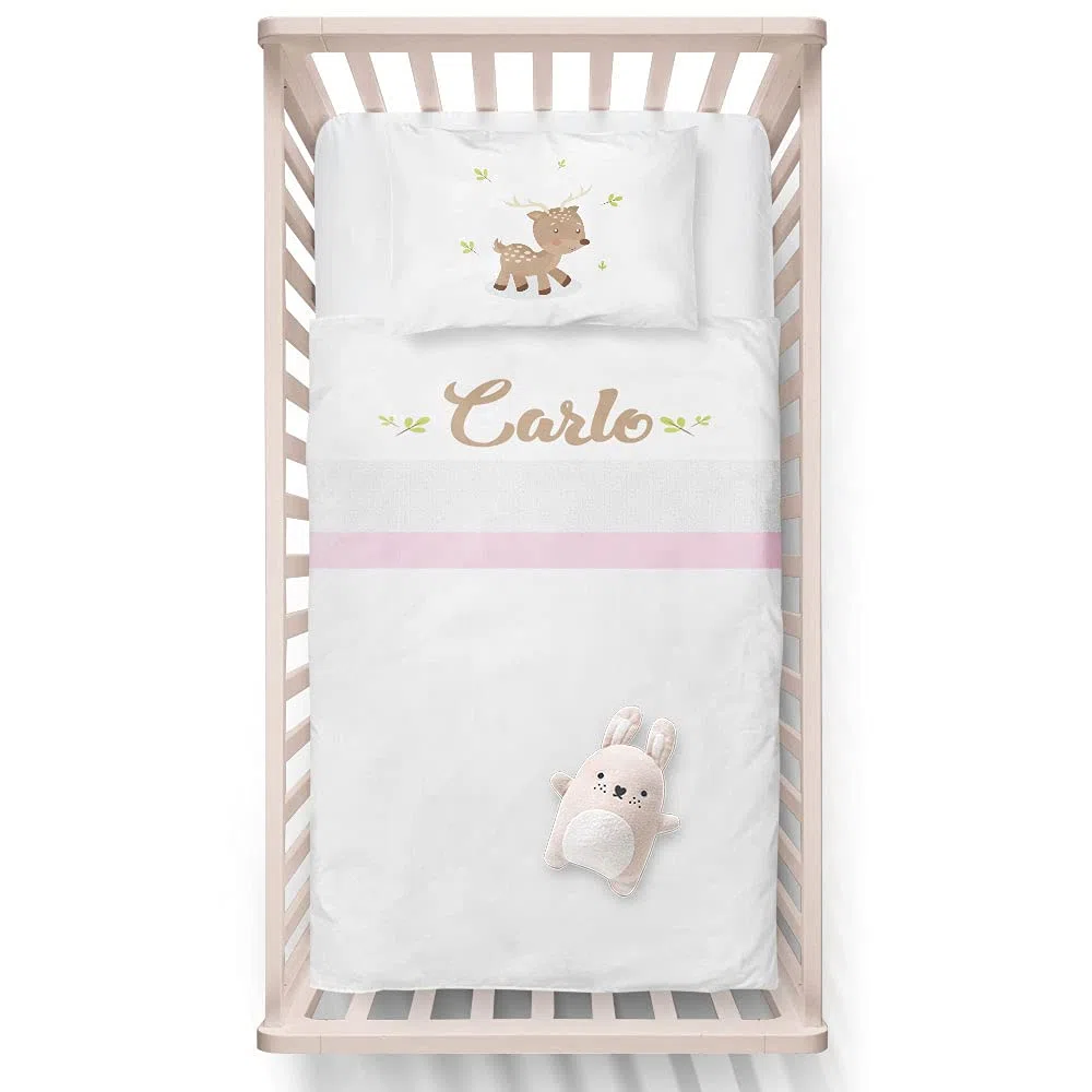 Fupies Set lenzuola culla o carrozzina per maschietto personalizzato con nome baby cerbiatto, Azzurro, Carrozzina – next to me 85x120 cm