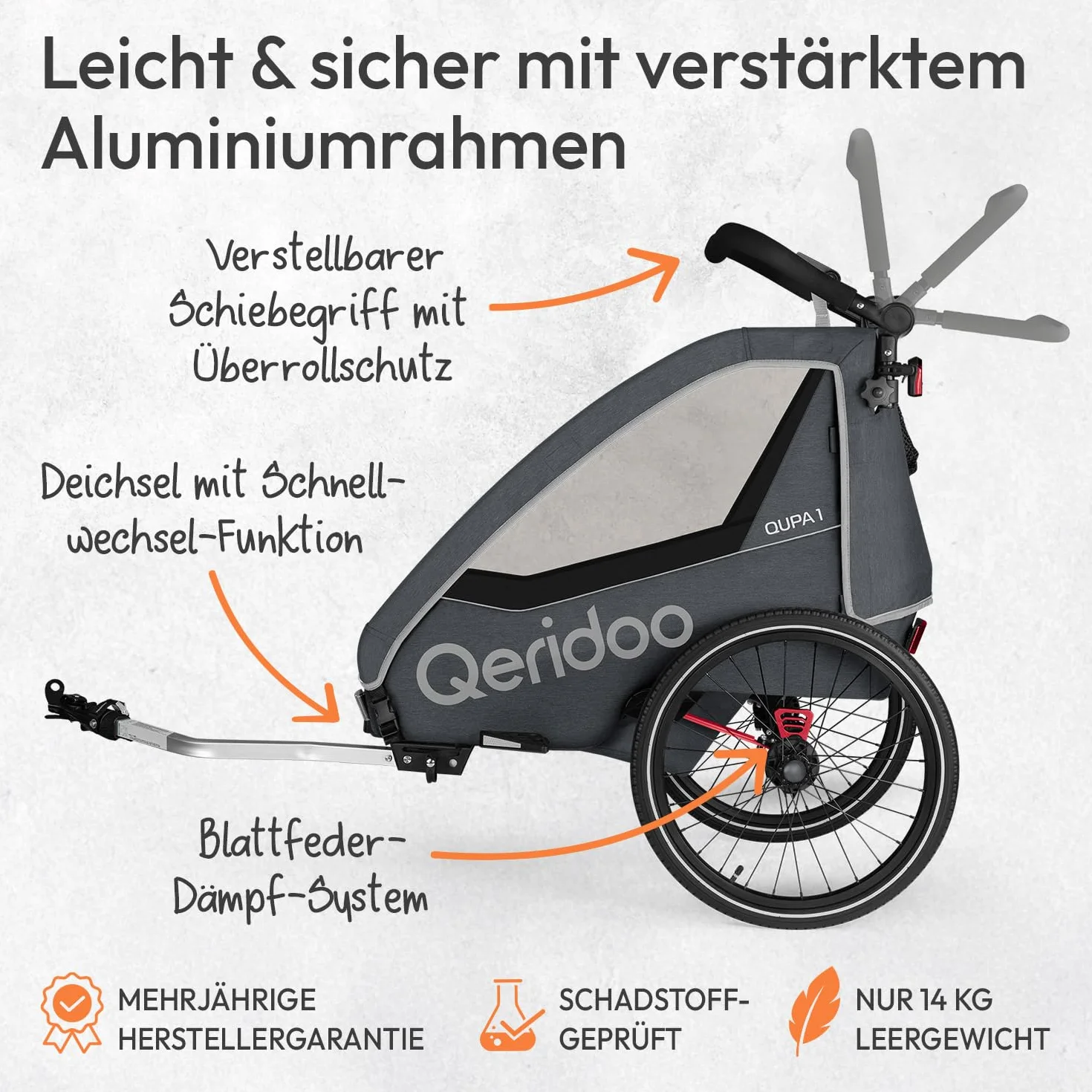 Rimorchi per bicicletta marca QERIDOO. Modello Kinderfahrradanhänger & Buggy QUPA 1 für 1 Kind mit Kupplung, Blattfeder-Dämpfsystem (bis 50 kg) - Grigio
