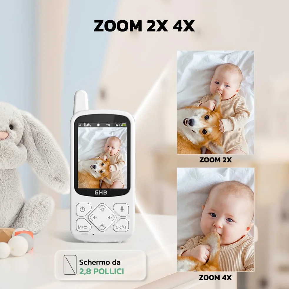 GHB Baby Monitor 2.8", 2000mAh Batteria, Schermo IPS HD Audio Bidirezionale, VOX Visione Notturna, Monitoraggio Temperatura, 8 Ninne Nanne