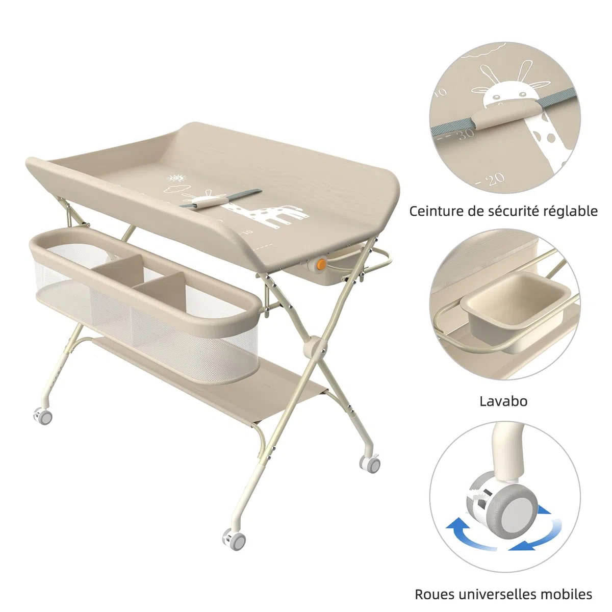 OHMG Fasciatoio pieghevole per Neonati, Tavolo Cambio Pannolini Multifunzionale Portatile, 0-36 Mesi, Organizer per Pannolini, Ruote a 360° Freno, Imbracatura e Protezione di Sicurezza, Lavabile