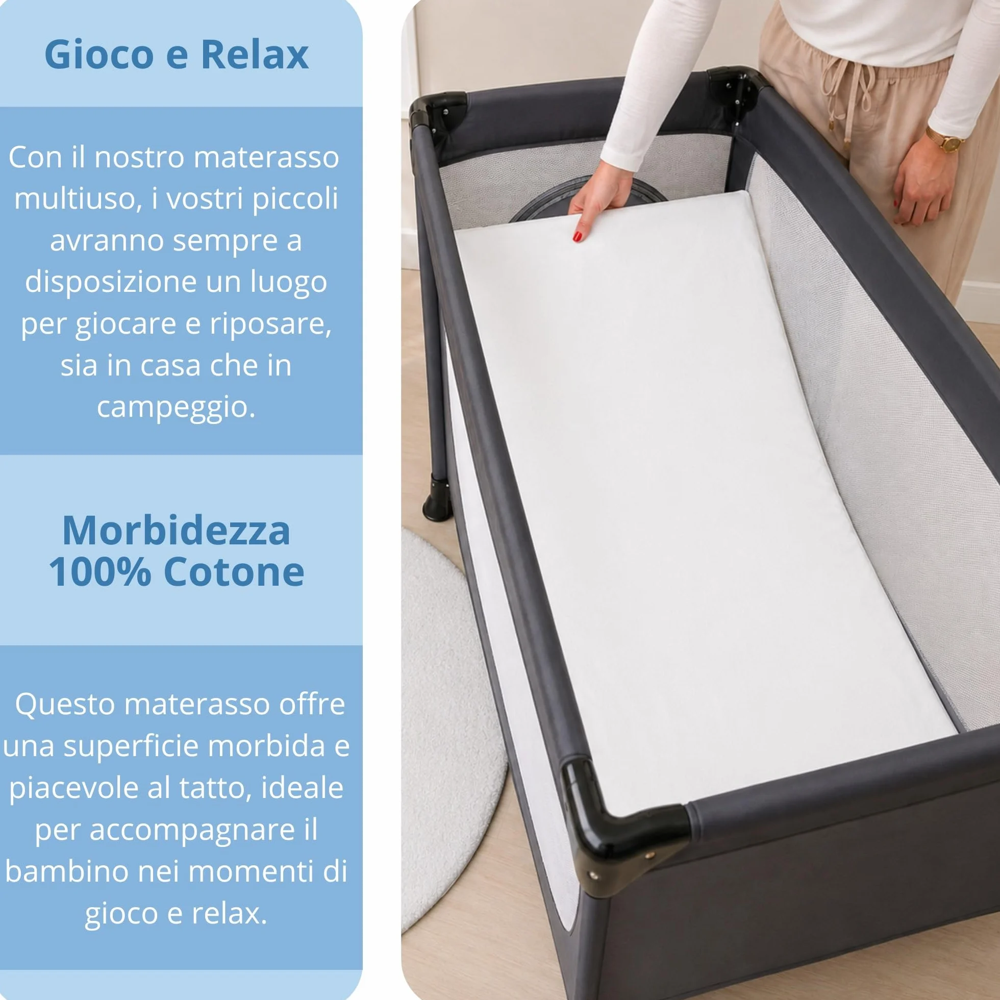 Materasso Lettino Campeggio Sfoderabile Pieghevole 60x120x4 EN16890:2017 Federa 100% Cotone Oeko-tex Certipur