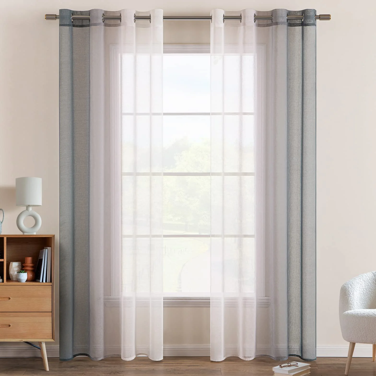Tende Voile Trasparenti Occhielli Sfumato 140x245 cm Grigio 2 Pannelli
