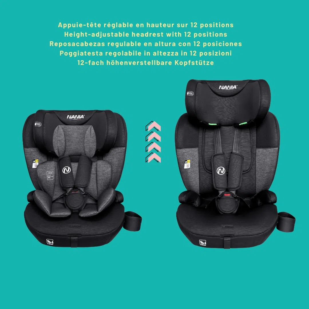 Nania, Torino, Seggiolino auto, 76-150 cm, da 9 a 36 kg, da 15 mesi a 12 anni, Poggiatesta regolabile con 12 regolazioni, Protezione laterale,Portabicchieri