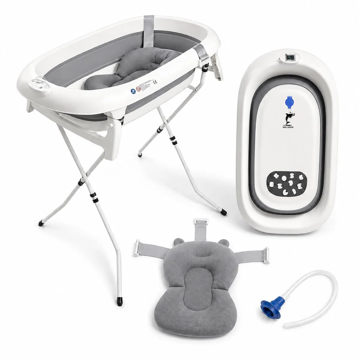 Vasca da bagno pieghevole con supporto in acciaio – Vasca da bagno per neonati con termometro e tubo di scarico – Cuscino ergonomico neonato – guadagno di spazio piccolo bagno – 0-3 anni