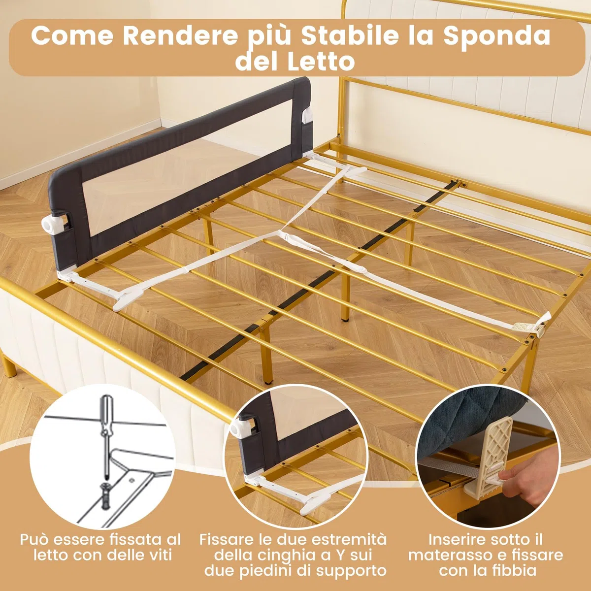 COSTWAY Sponda Letto per Bambini 105/120/150 cm, Barriera di Sicurezza per Neonati, Barriera Letto Pieghevole e Portatile, con Cinghia di Sicurezza (Grigio, 152 x 34 x 42 cm)