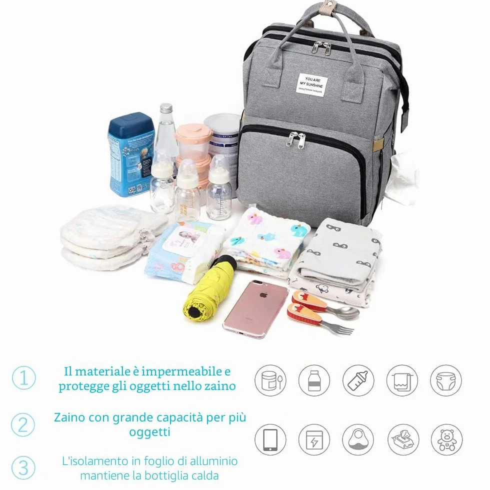 Zaino Fasciatoio Multifunzione Impermeabile con Lettino Pieghevole Borsa da Viaggio Portatile (Grigio)