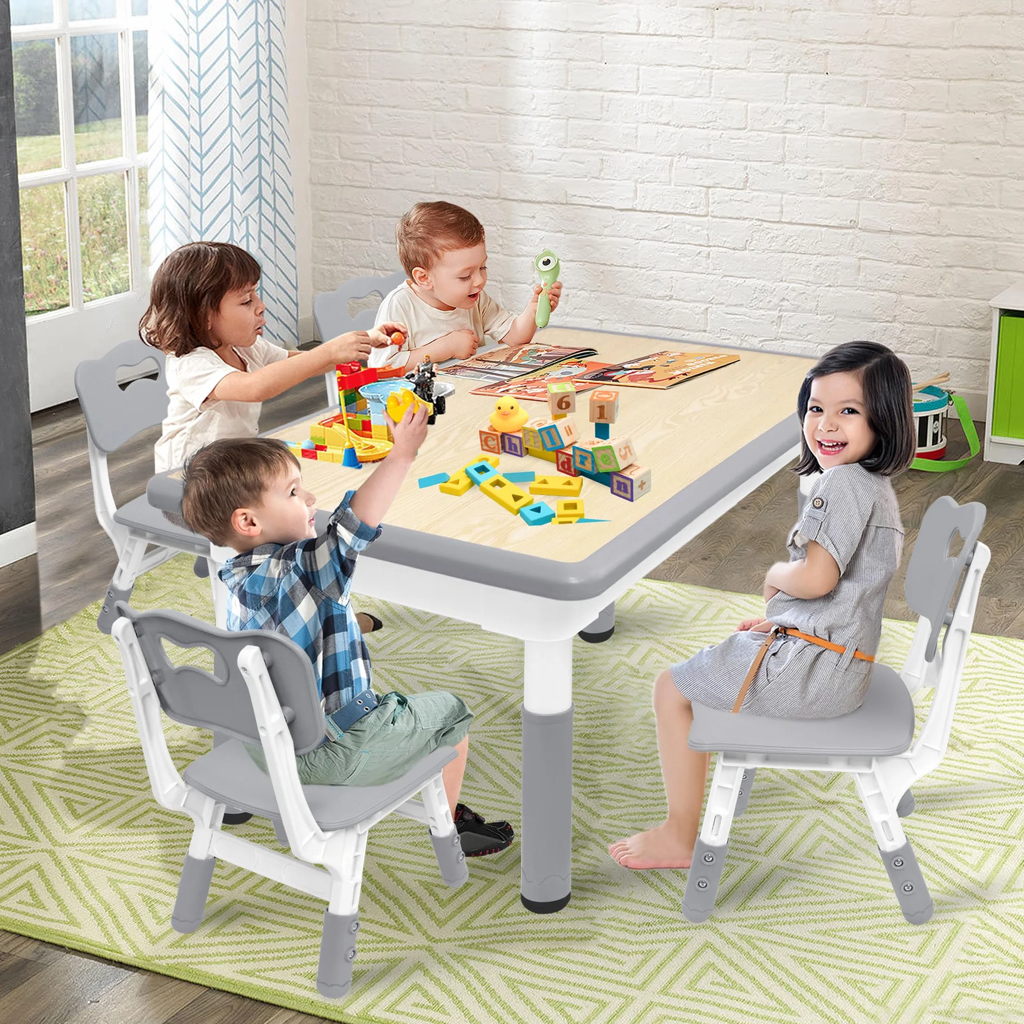 Aufun Tavolo per bambini con set di 4 sedie, dinette regolabile in altezza
