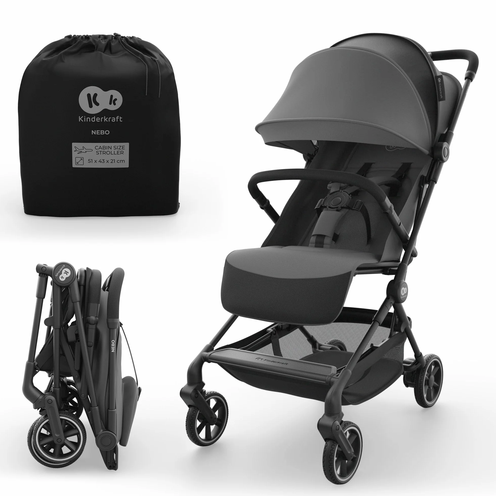Kinderkraft NEBO passeggino da cabina ultraleggero, chiusura a una mano, resta in piedi, 51x43x21 cm, tracolla e borsa, posizione distesa, cinture 5 punti, Grigio