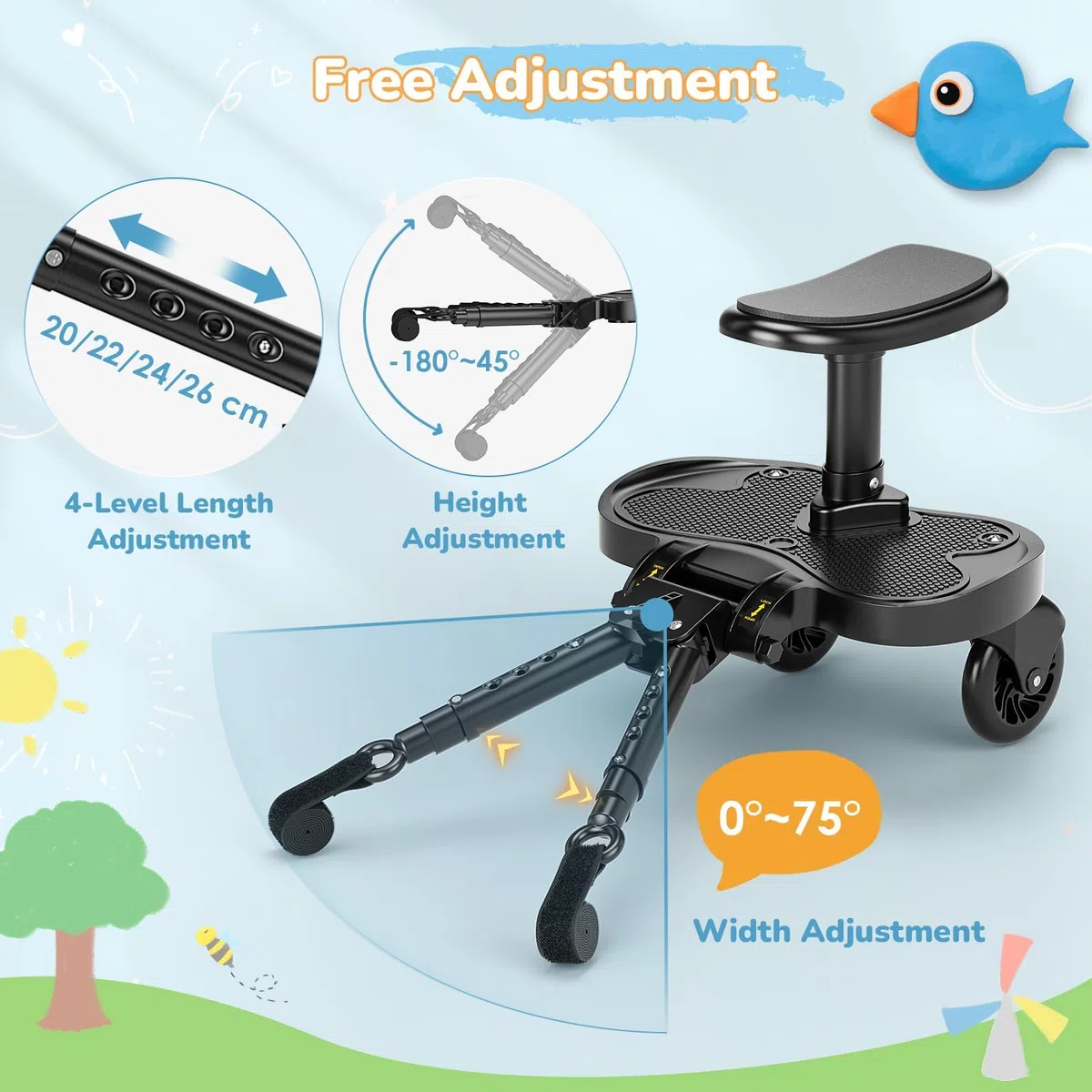 Pedana Passeggino Universale con Sedile più Grande, Buggy board per Bambini 2-6 Anni (25KG), Adatta al 99% dei Passeggini, Montaggio Facile, Ideale per Famiglie con Due Bambini (Nero)