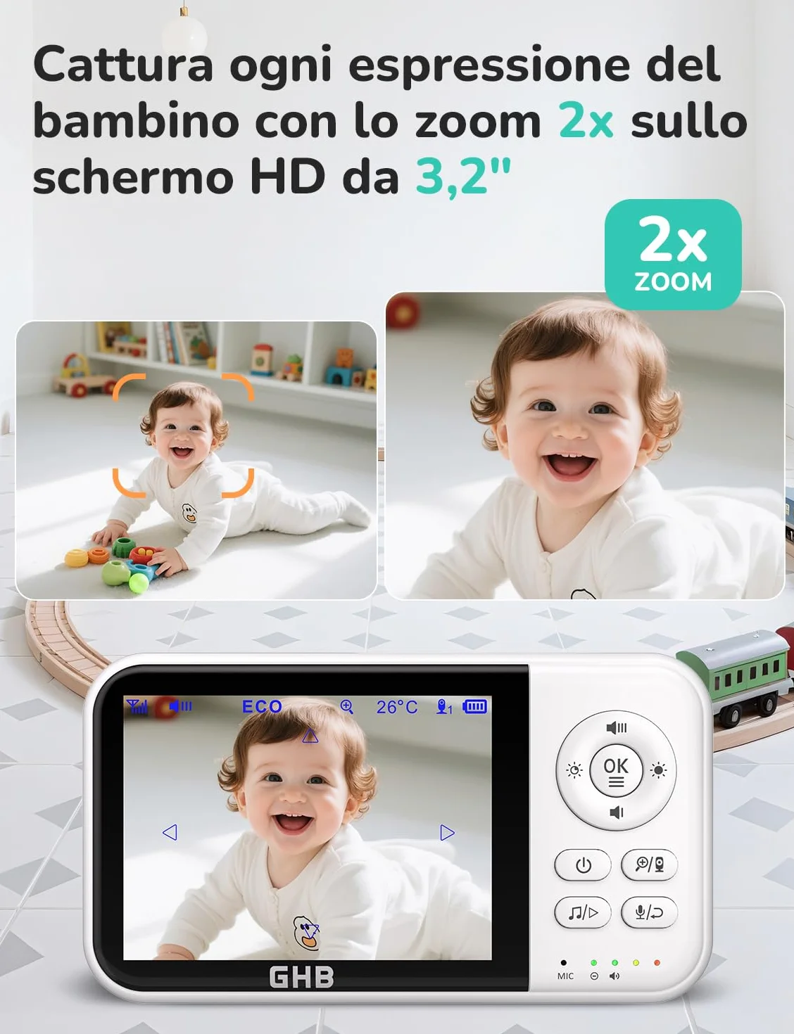 Baby Monitor con Telecamera 3.2'' 2100mAh Visione Notturna VOX Rilevamento Temperatura Interfono Bidirezionale