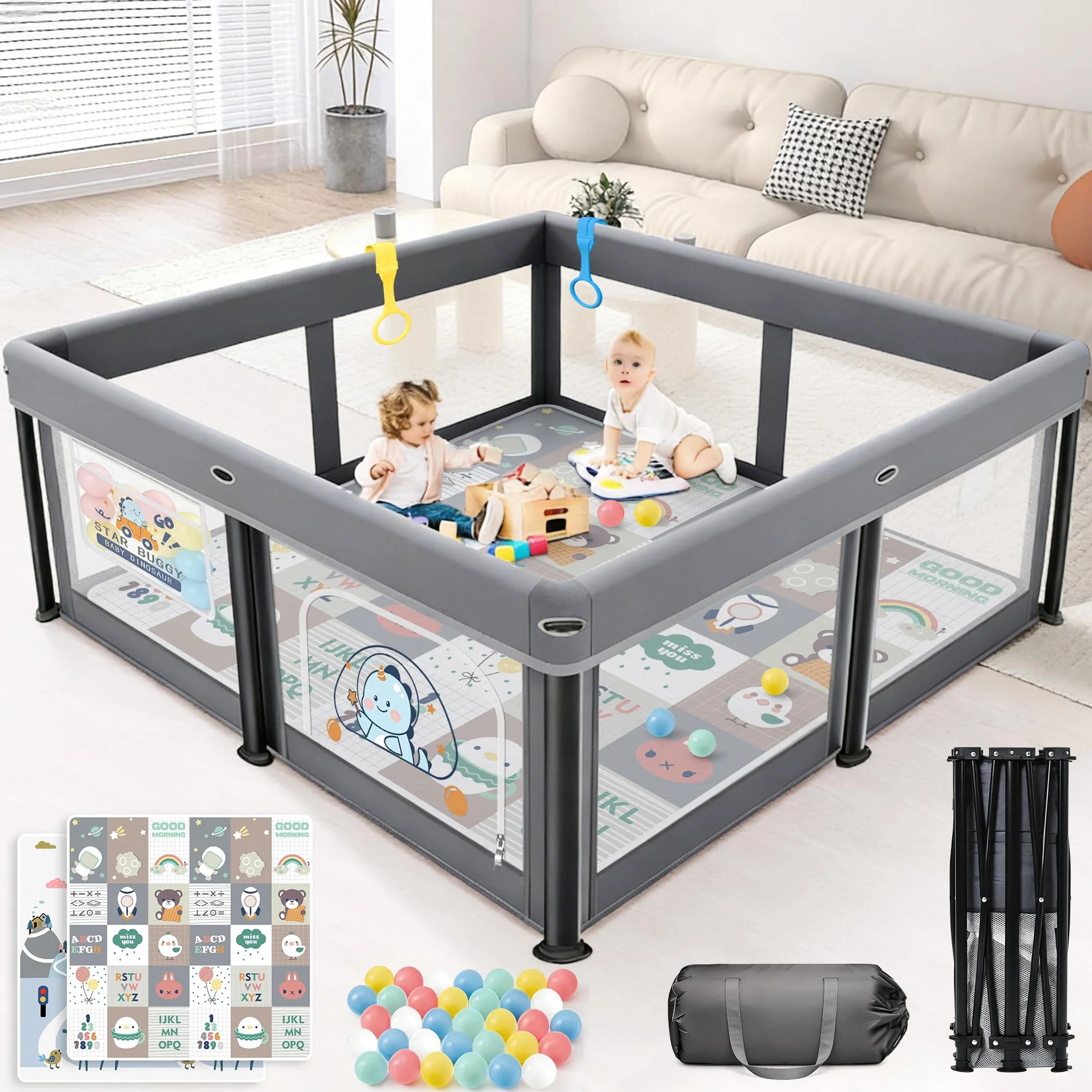 Box Bambini Pieghevole con Materasso 127×127cm, Recinto per Neonati e Bambini, Box Gioco Stabile e Sicuro per Interni ed Esterni