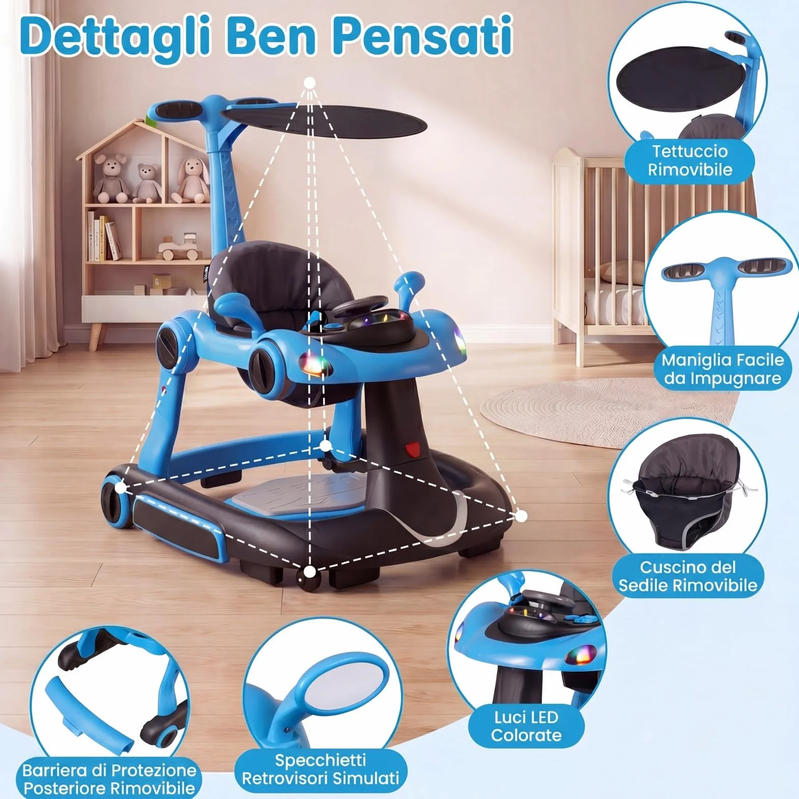 COSTWAY Girello per Bambini 6-in-1 Evolutivo, Centro Attività Pieghevole con Maniglia, Regolazione Altezza/Velocità, con Musica, Luci Tenda, per Neonati 6-18 Mesi (Nero+Blu)