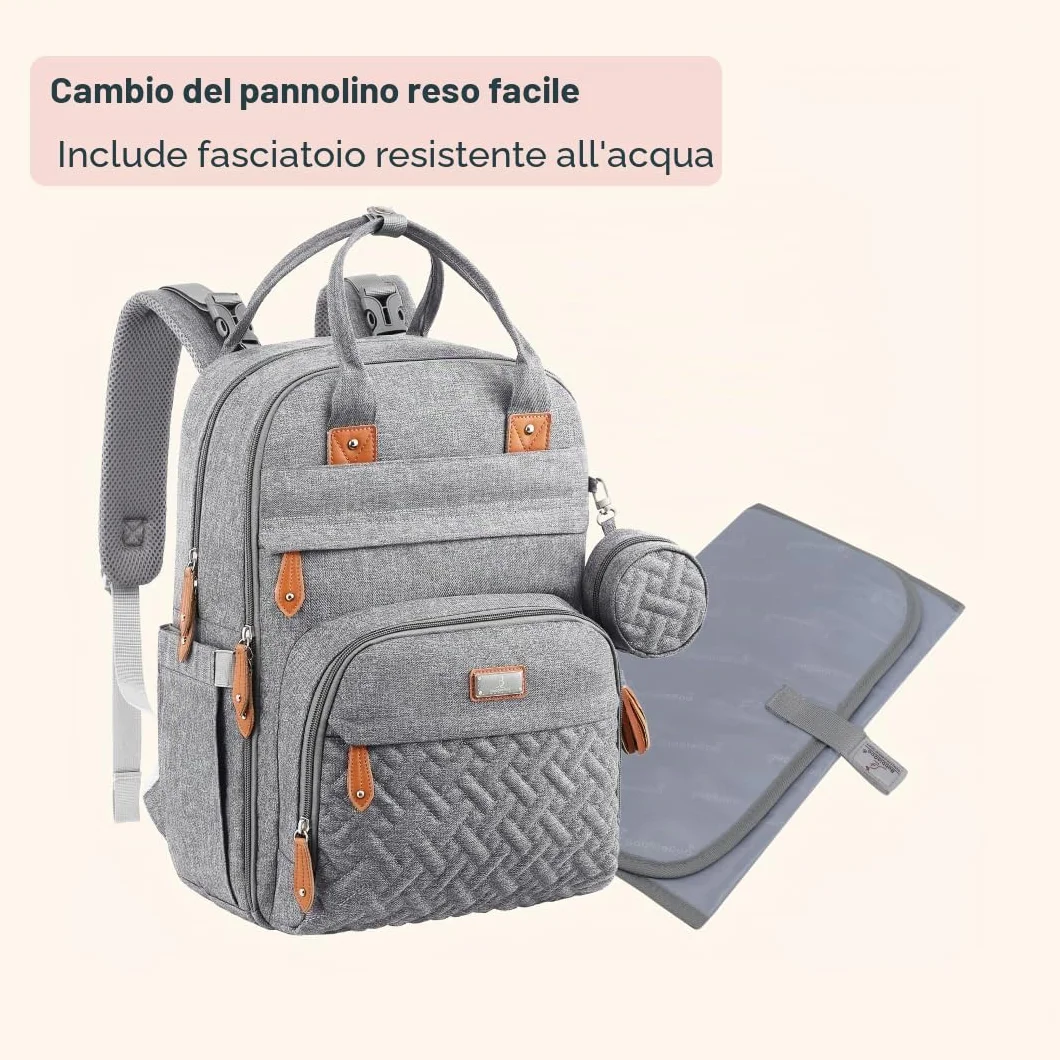 BabbleRoo Zaino per pannolini con fasciatoio, grande capacità, impermeabile, custodia ciuccio staccabile