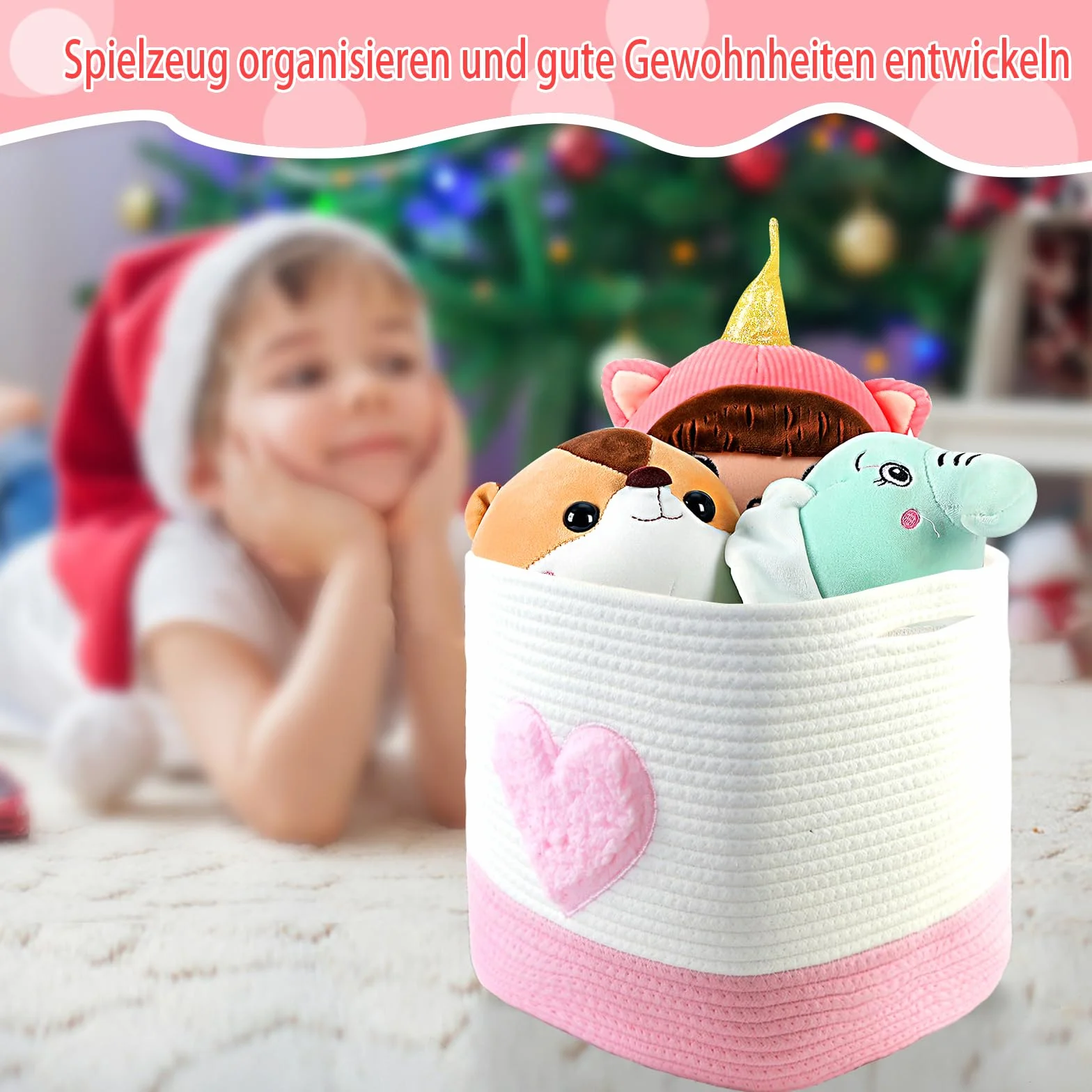 Cestini portaoggetti, 28 x 28 x 28 cm, quadrati intrecciati in corda di cotone, piccoli cestini intrecciati per la selezione, per cameretta dei bambini, uffici, decorativi. (set da 2, cuori rosa)