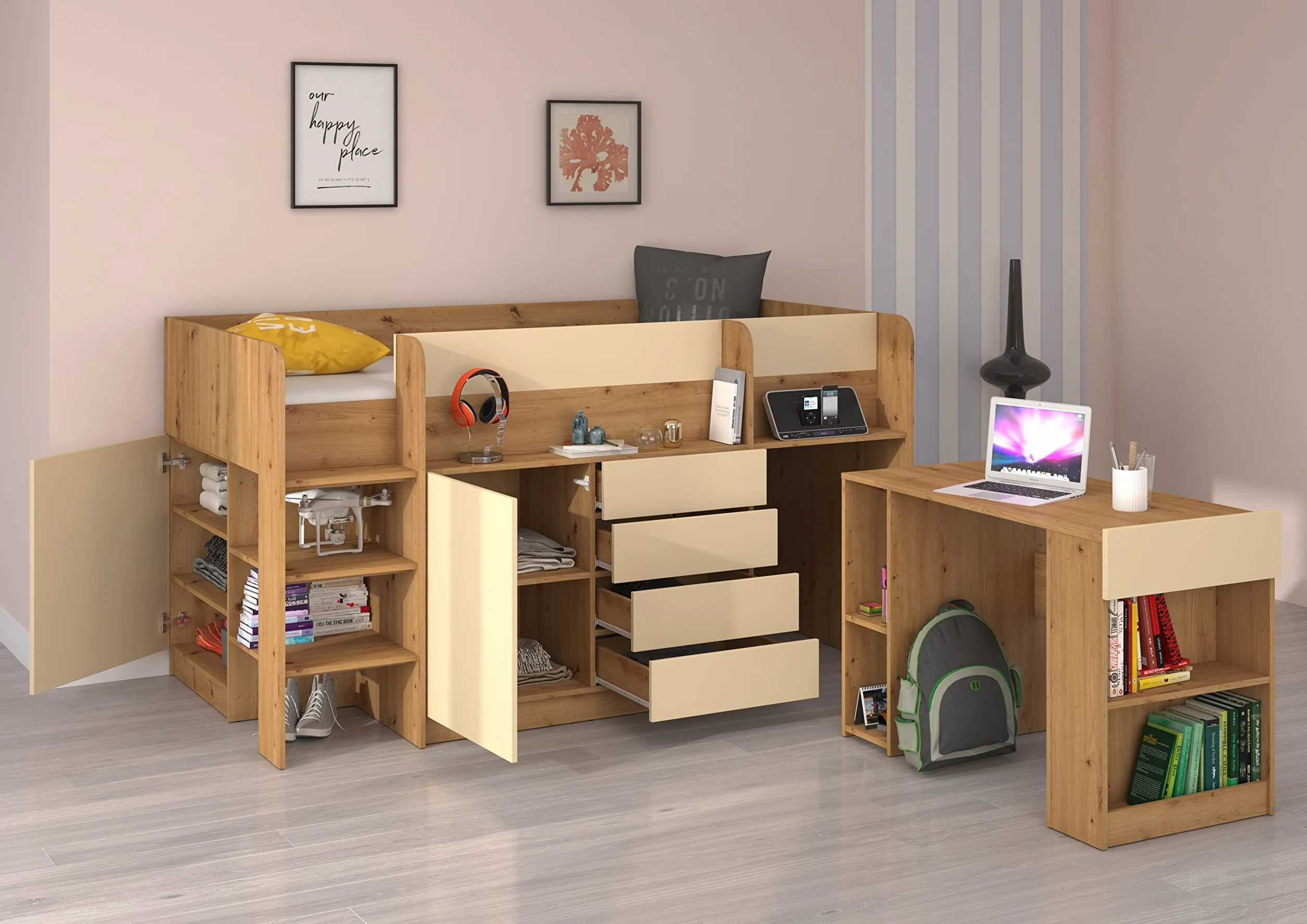 Letto rialzato Smile L per bambini rovere artigianale crema con scrivania mensole cassetti