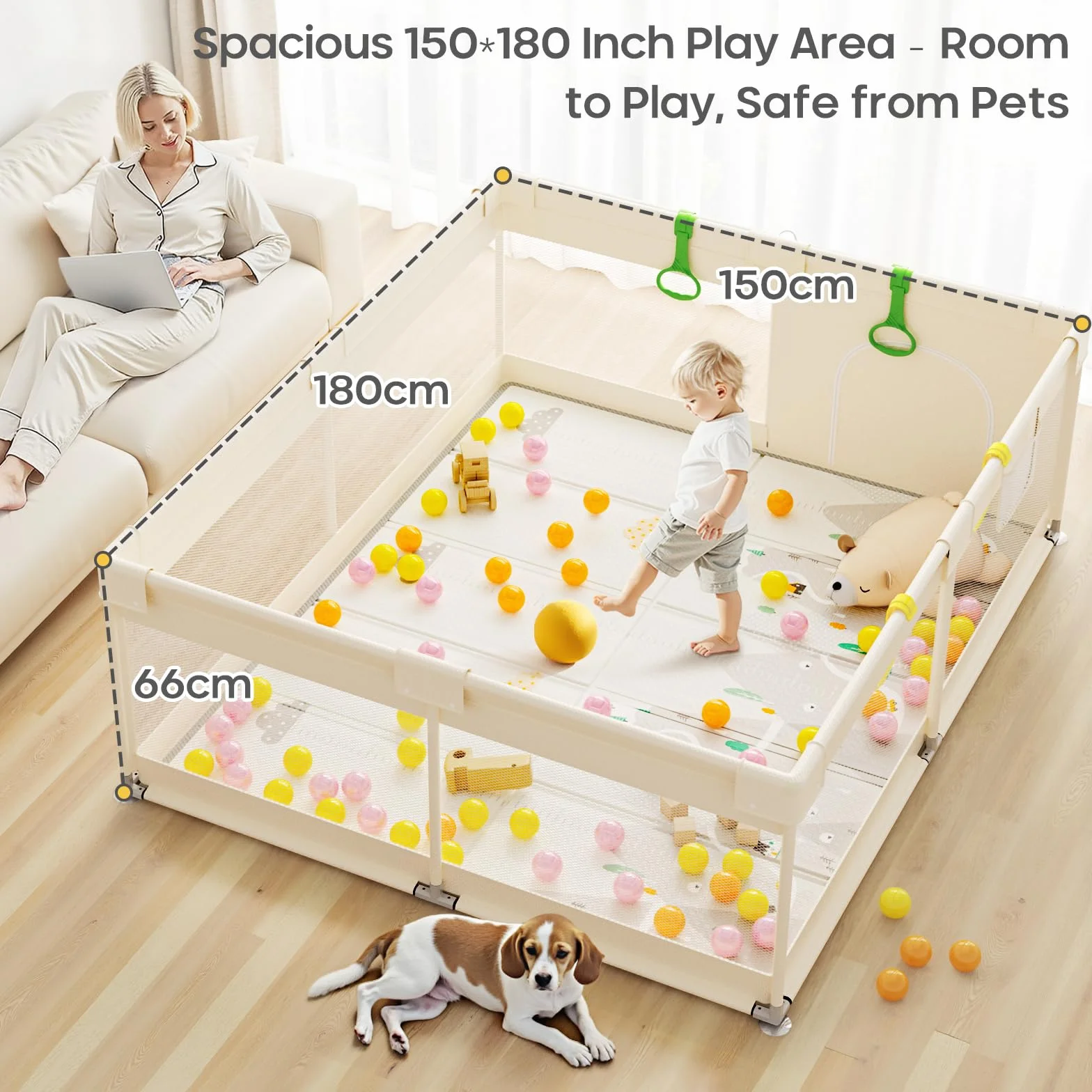 Beige Box Bambini con Materassino - Box Neonato 150×180cm,Recinto per Bambini con 4 Anelli,Imbottitura Morbida