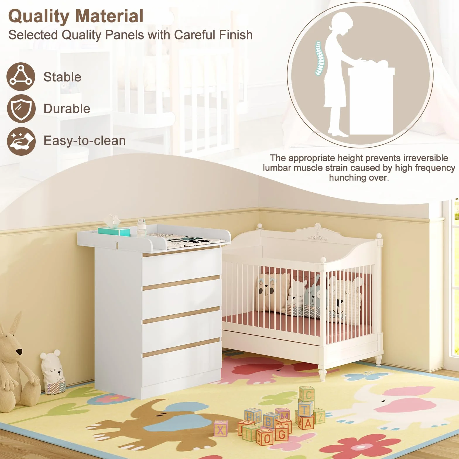 WOLTU Mobile Fasciatoio per Bambini, Cassettiera 4 Cassetti, Bianco+Rovere