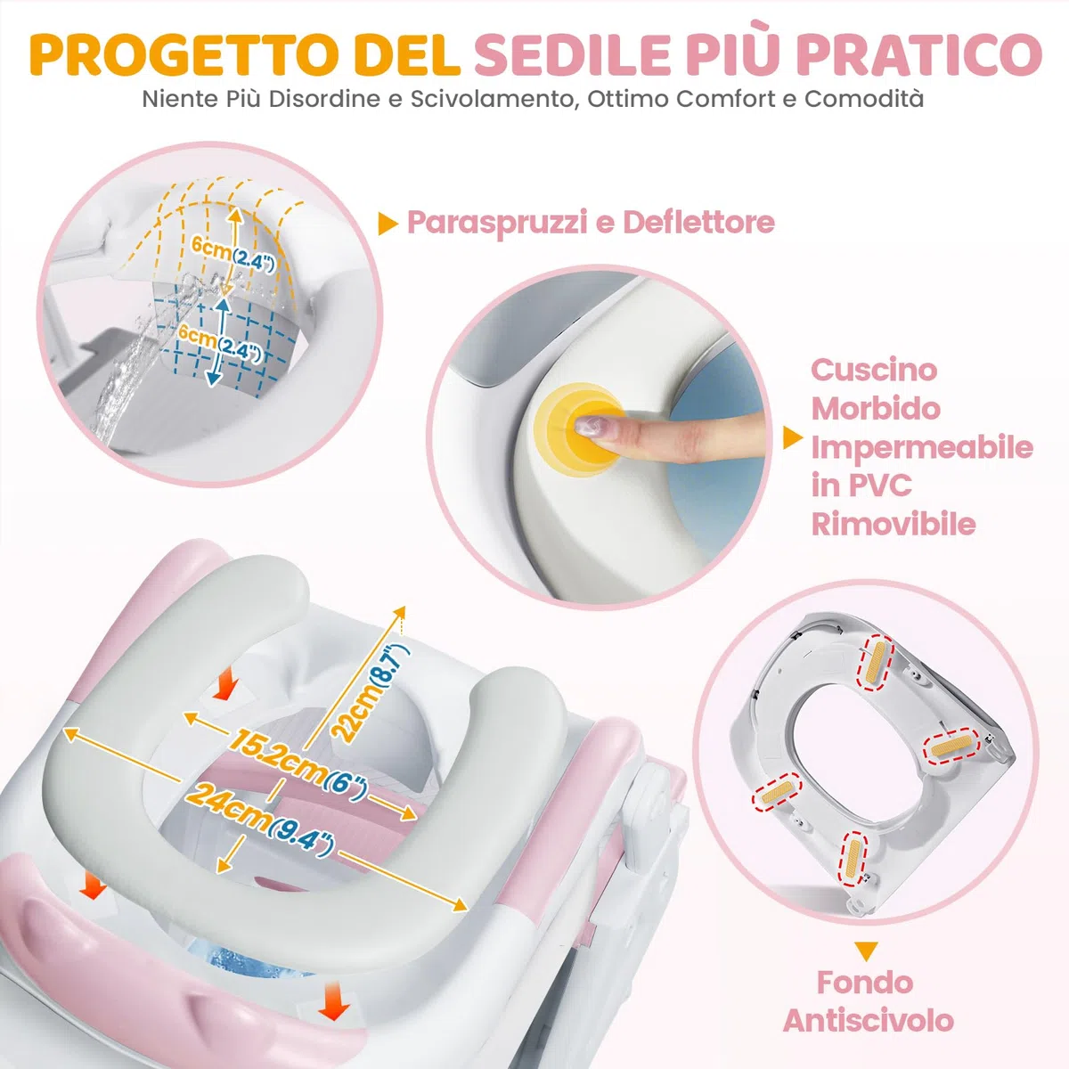 Riduttore Wc Bambini - Upgraded Riduttore Wc 2 in 1 - Struttura a Triangolo | Pedale Allargato | Paraspruzzi Estesi | Cuscino Morbido | Manico Allargato - Antiscivolo Pieghevole Leggero - Rosa Orso