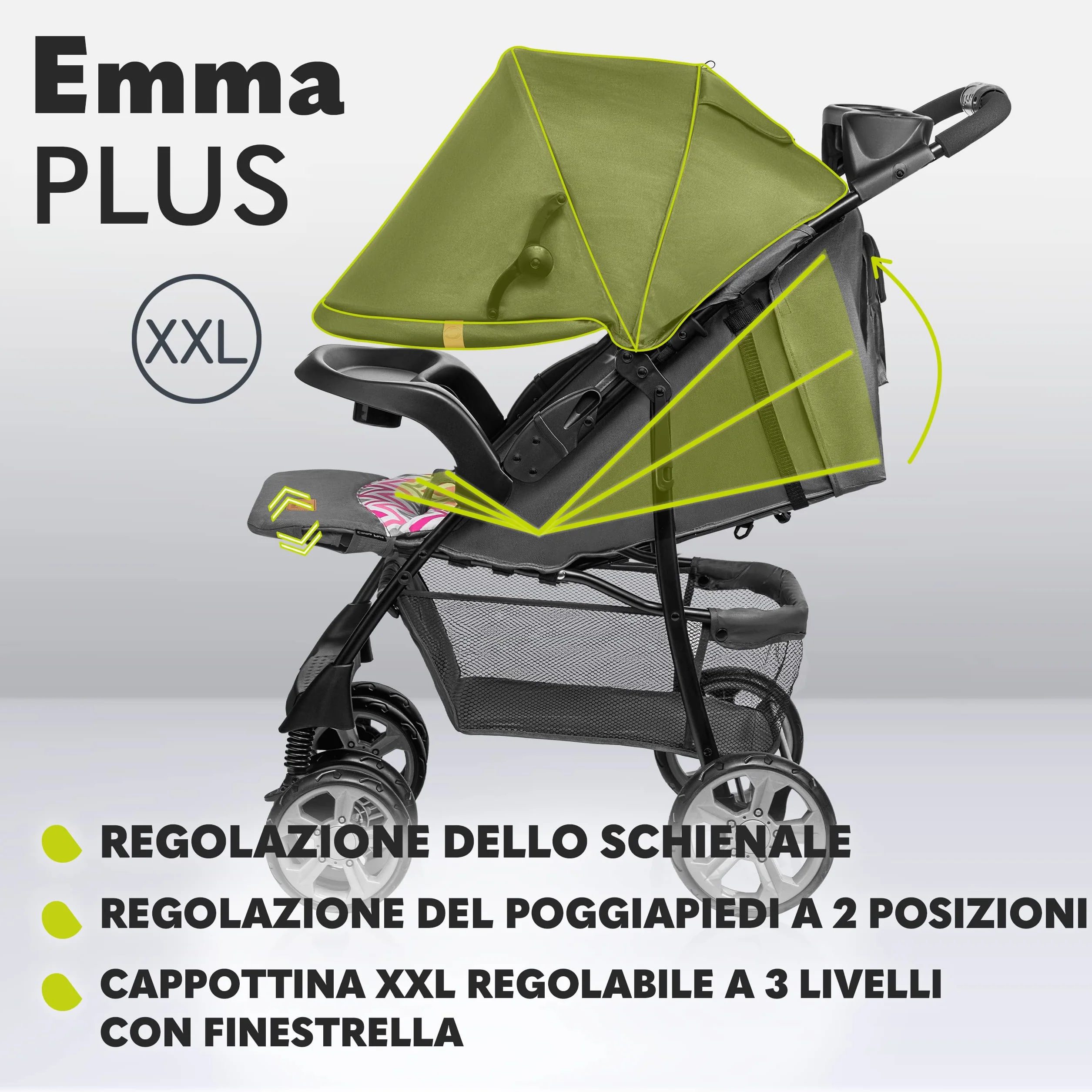 Lionelo Emma Plus Passeggino Leggero Pieghevole 6 Mesi 15kg Schienale Regolabile Sdraiata Cinture 5 Punti Ammortizzatori Cappotina XXL Vassoio Portabibite Borsa