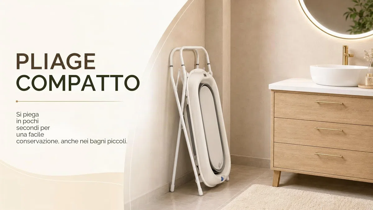 Vasca da bagno pieghevole con supporto in acciaio – Vasca da bagno per neonati con termometro e tubo di scarico – Cuscino ergonomico neonato – guadagno di spazio piccolo bagno – 0-3 anni