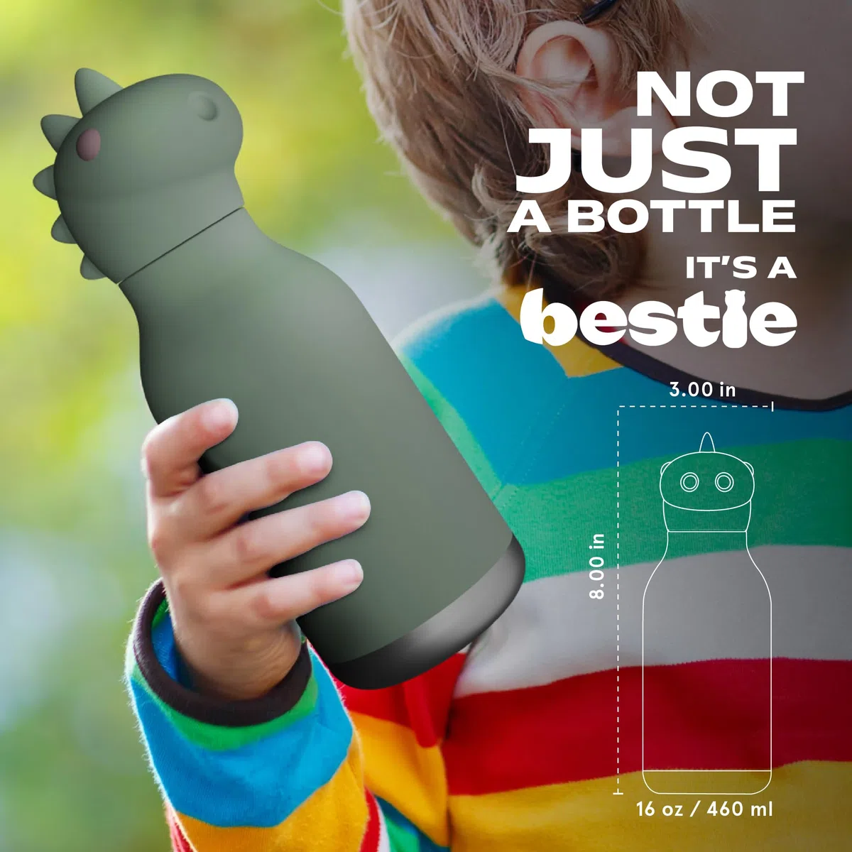 asobu Bestie Borraccia termica in acciaio inox, con testa a forma di animale morbido, rimovibile, per bambini e ragazzi, con cannuccia flessibile, riutilizzabile, da 473,6 g (dinosauro)