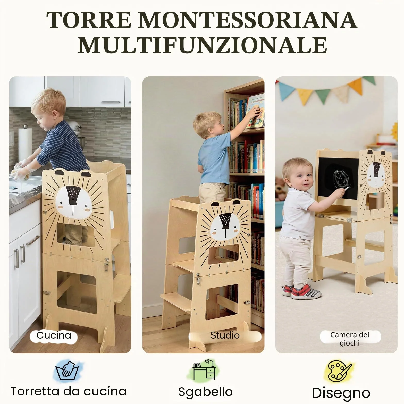 Labebe Torre Montessoriana Pieghevole in Legno 98 cm 3 in 1 Scrivania e Sedia per Bambini con Lavagna