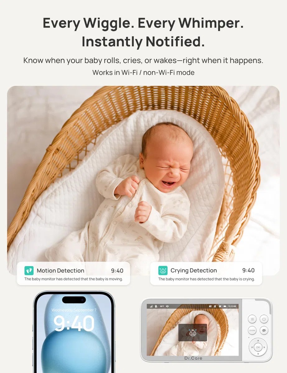 Dr.Care VistaView Baby Monitor WiFi 5” 1080P Schermo Diviso & 2 Telecamere 2K, Visione Notturna HD, Allarmi Pianto e Movimento, Audio Bidirezionale, Batteria 5000mAh, Sicurezza Tripla, Portata 390m