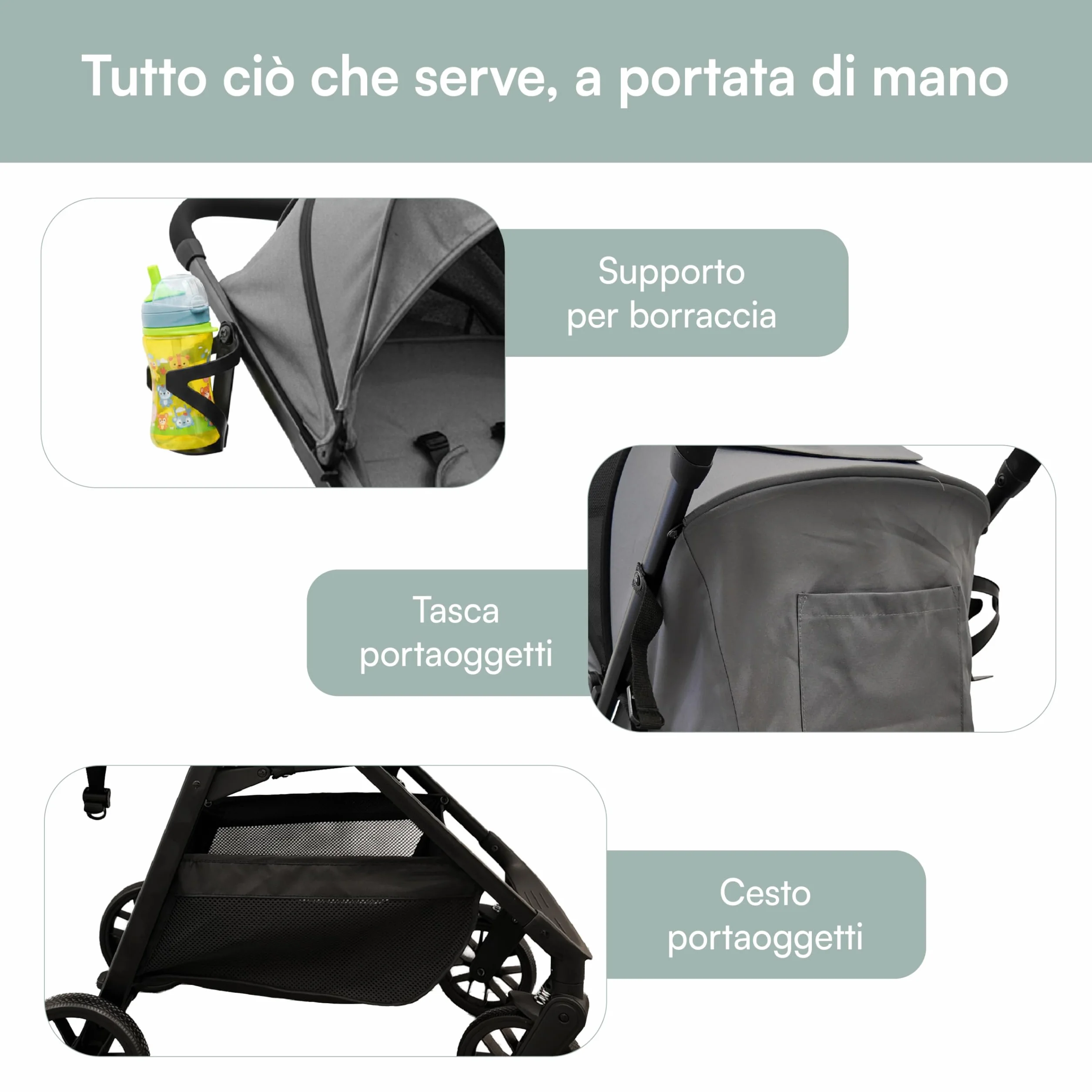 Passeggino Leggero Richiudibile 22 kg, Chiusura Salvaspazio, Schienale Reclinabile, Cappotte Estensibile, Cintura 5 Punti, Cesto Tasca Portaoggetti Grigio