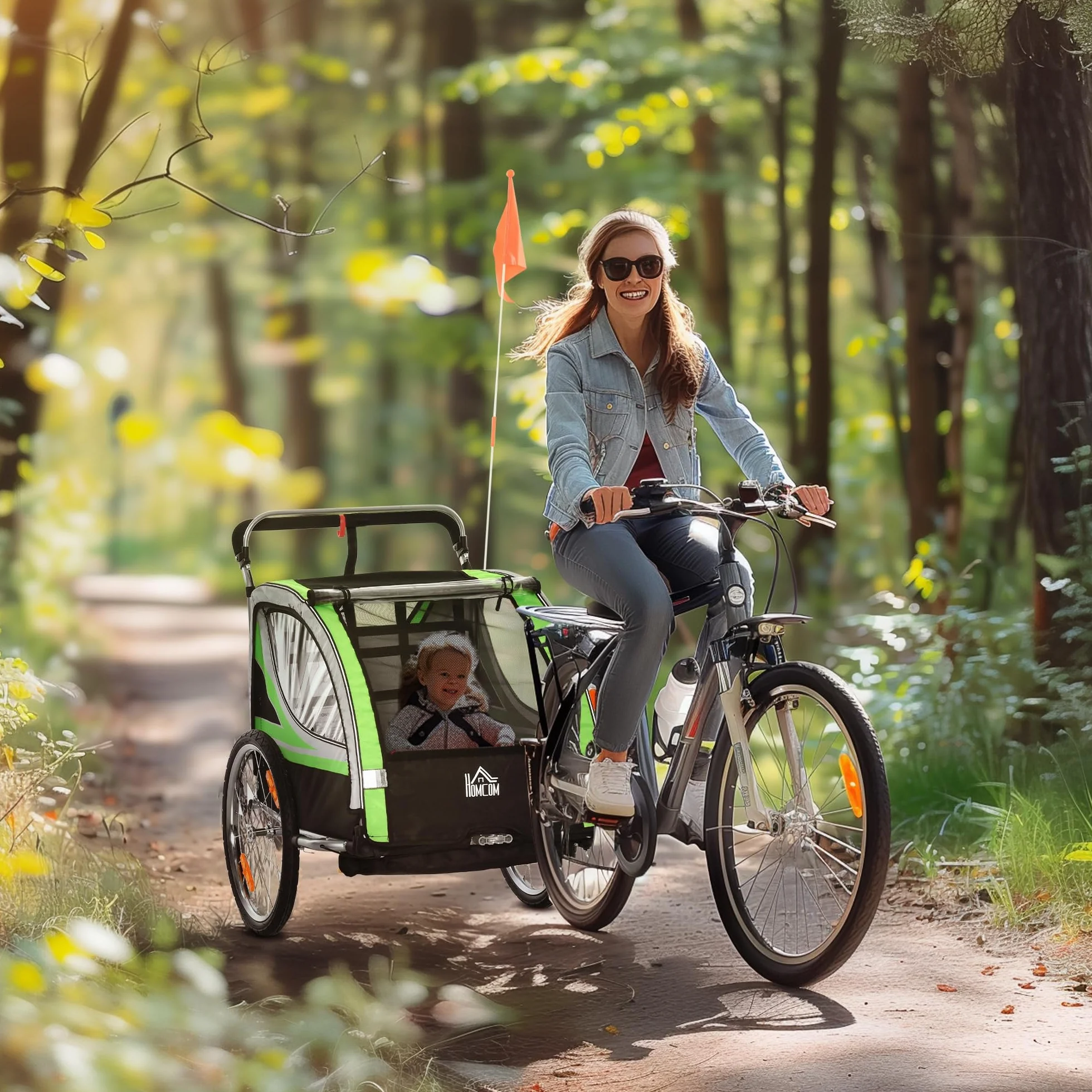 HOMCOM 2 w 1 Przyczepa Rowerowa dla Dzieci z Obrotowym Kołem Przednim 360° i Hamulcem, 142 x 75 x 101 cm