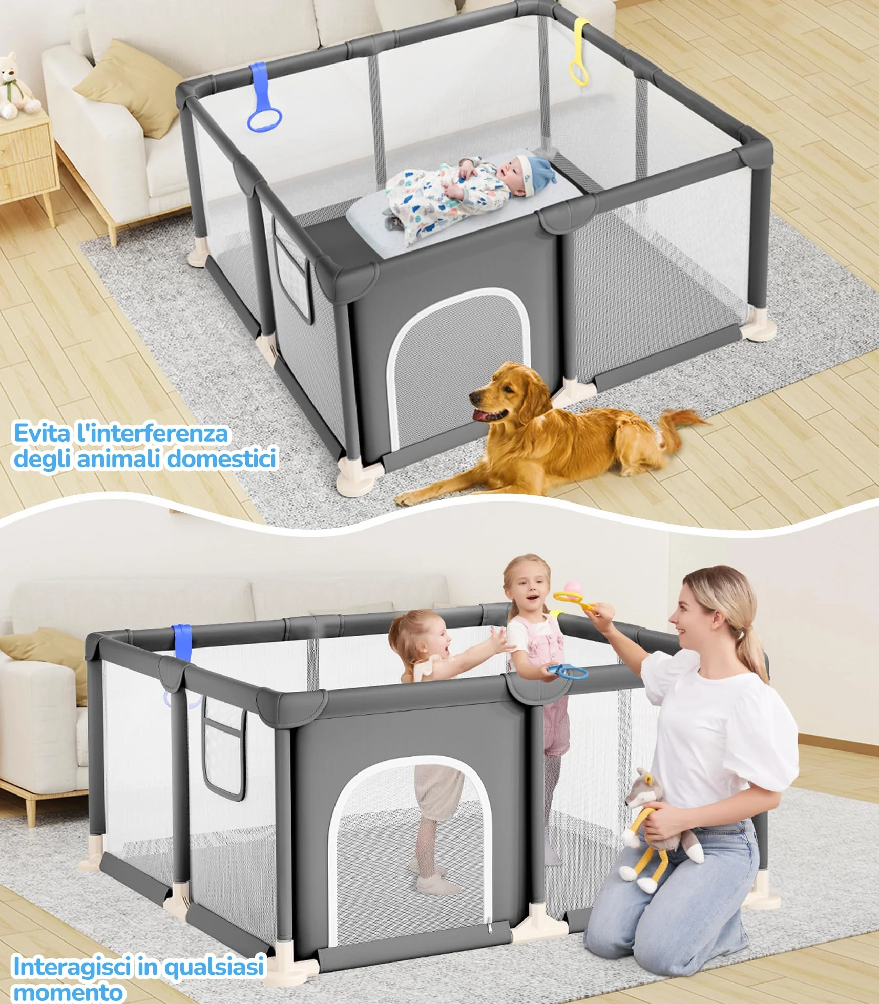 Dripex Box per Bambini Recinto Neonato 124 x 124 cm Rete Traspirante Tessuto Oxford 210D Grigio Scuro
