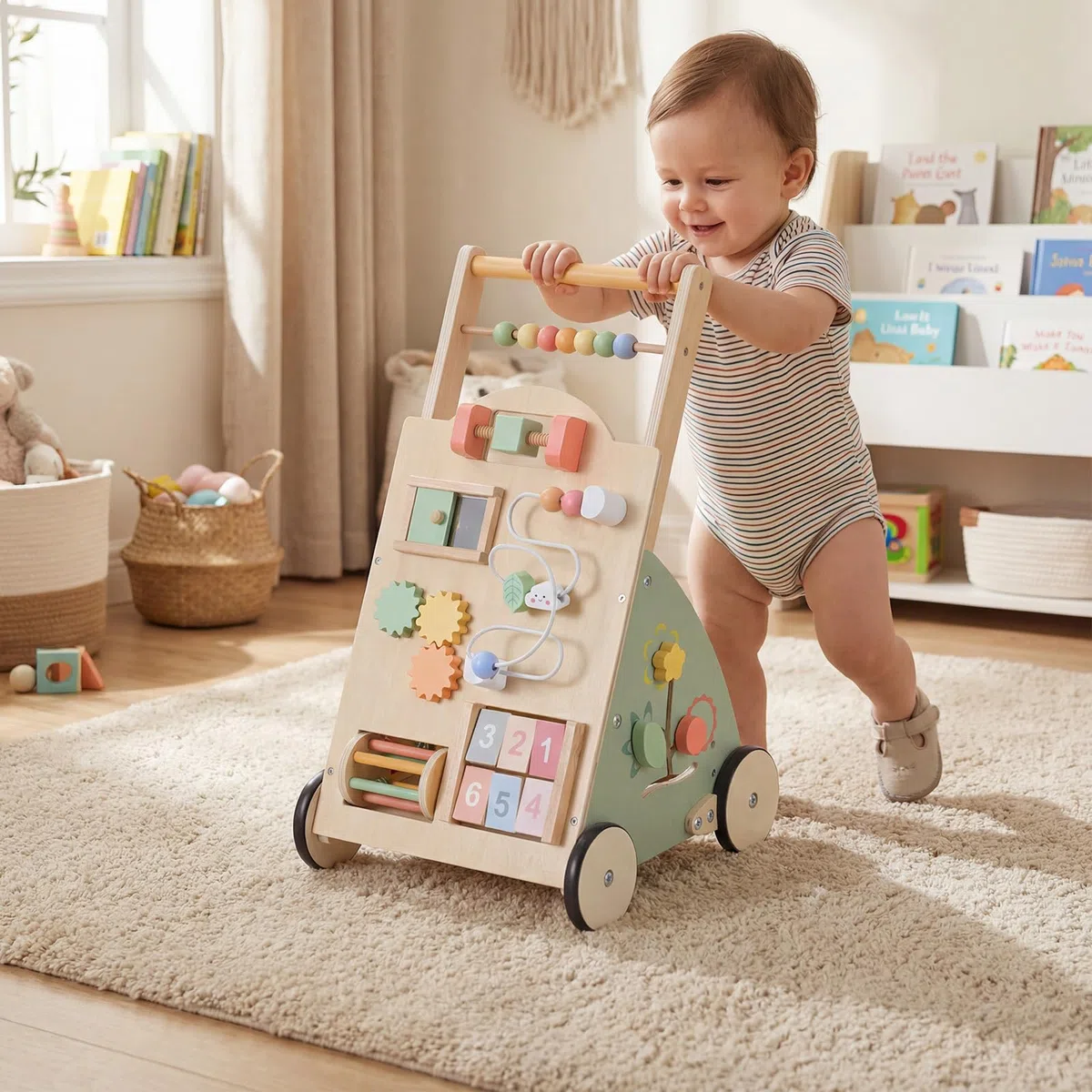 COSTWAY Carello Primi Passi in Legno per Bambini, Girello Montessori con Centro Attività, Ruote e Cestino Portaoggetti, Gioco Educativo per Bambini 12 + Mesi (Modello 5)