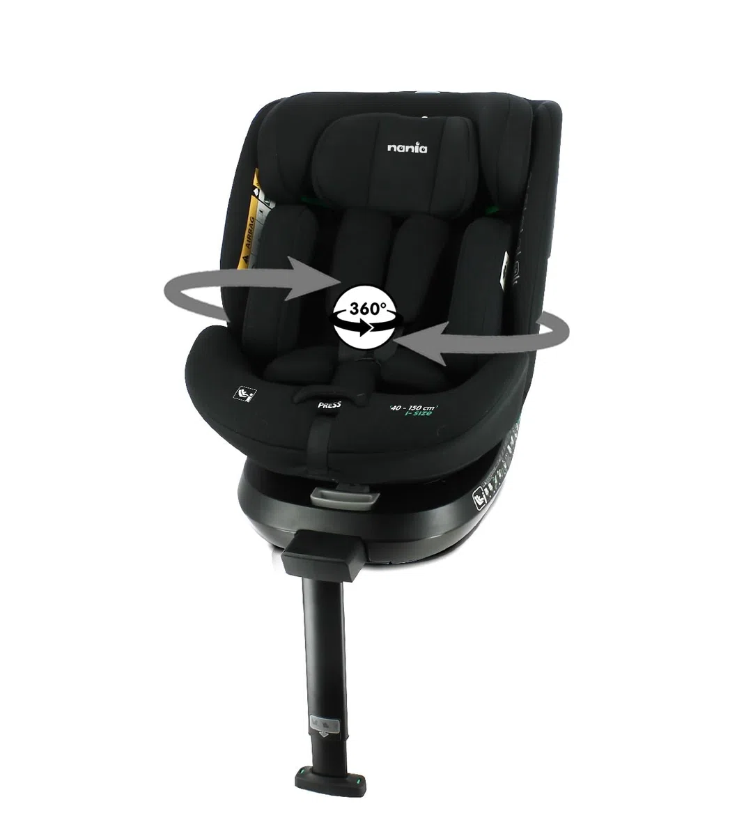 Nania - Seggiolino auto SPIRIT girevole a 360° - Taglia I 40-150 cm - Aggiornabile dalla nascita a circa 12 anni - Gruppo 0+/1/2/3 - Attacchi isofix + gamba di supporto (Spirit noir)