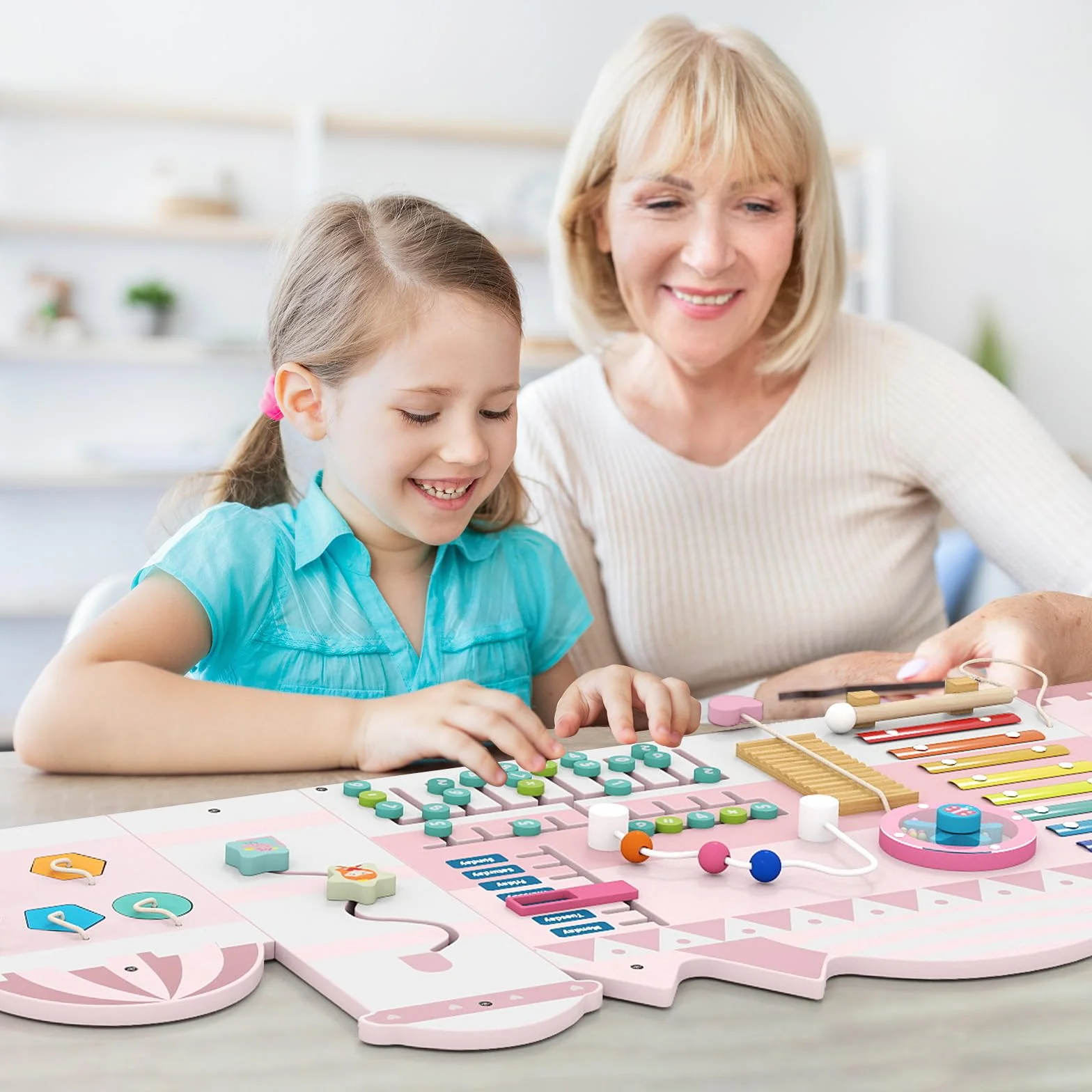 COSTWAY Pannelli da Parete con attività, Busy Board 11 in 1 Montessori in Legno per Sviluppo Sensoriale, Centro di attività Educativo Montato a Parete per Stanza Giochi, Asilo Nido (Castello)