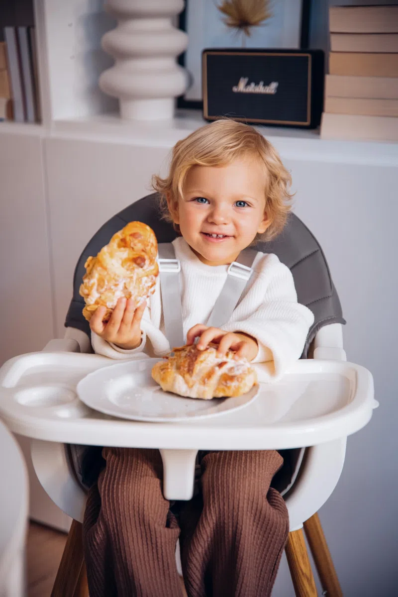 MoMi Seggiolone Pappa Evolutivo 3 in 1 - Sedia Evolutiva per Bambini da 6 a 36 Mesi - Cinture di sicurezza, Rivestimento in ecopelle, Poggiapiedi, Portabicchiere, Gioco con Ventosa - Grigio