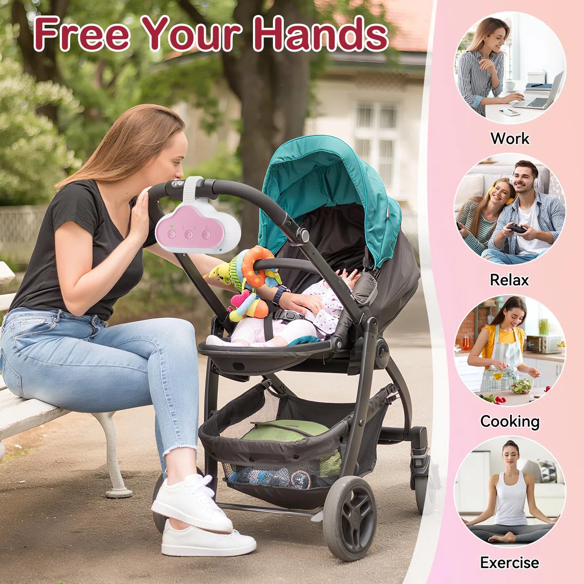 Baby Rocker, Dondola Passeggino Ricaricabile con 3 Intensità di Dondolo Regolabili e Timer da 30, 60 e 90 Minuti, Dondola Delicatamente Passeggino (rosa)