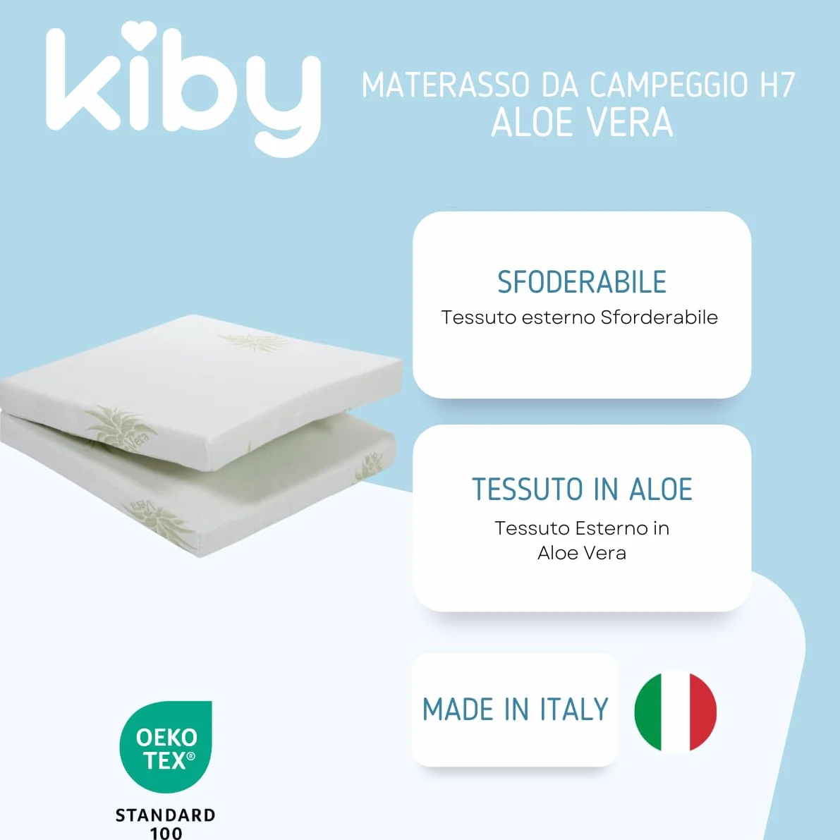Kiby® Materasso per Lettino da Campeggio 7CM (Certificato OEKO-TEX® & CERTIPUR™) in Aloe Vera, Pieghevole