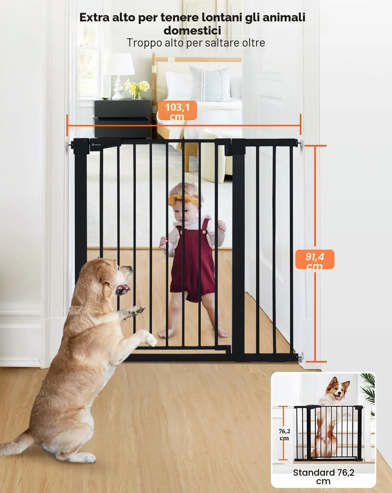 COMOMY 91,5cm Cancelletto per cani Extra Alto, per Scale e Porte, 75 a 103cm di Larghezza, Montato a Pressione Cancellino Bambini di Sicurezza Extra Largo a Chiusura Automatica per Casa, Nero