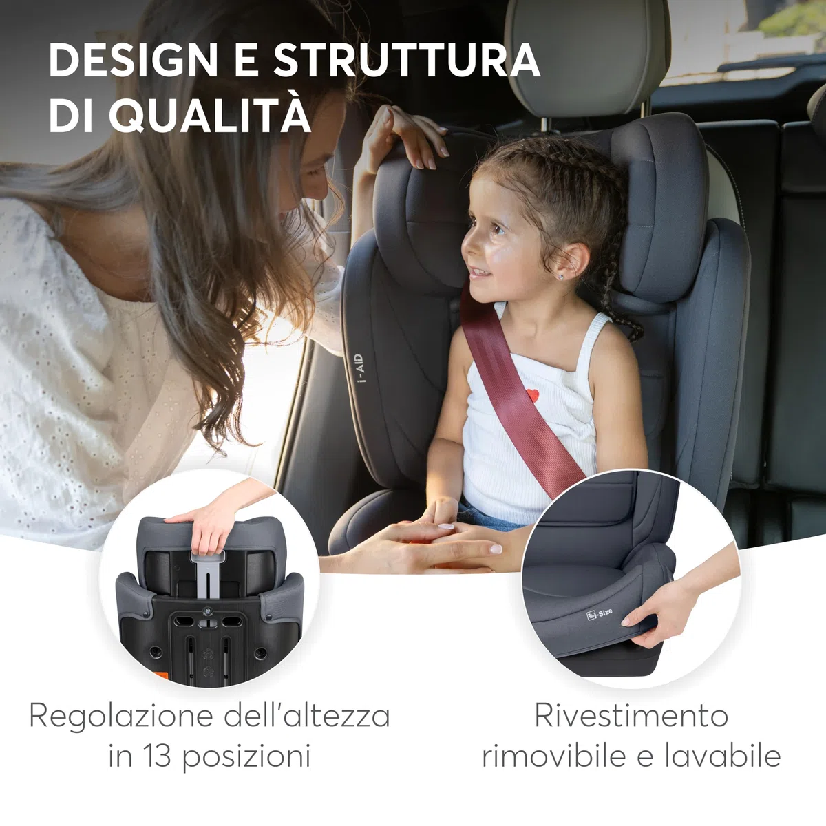 KikkaBoo Seggiolino Auto 15-36 kg i-AID, Gruppo 2/3, i-Size 100-150 cm, da 3,5 a 12 Anni, Poggiatesta Regolabile 13 Posizioni, Grigio