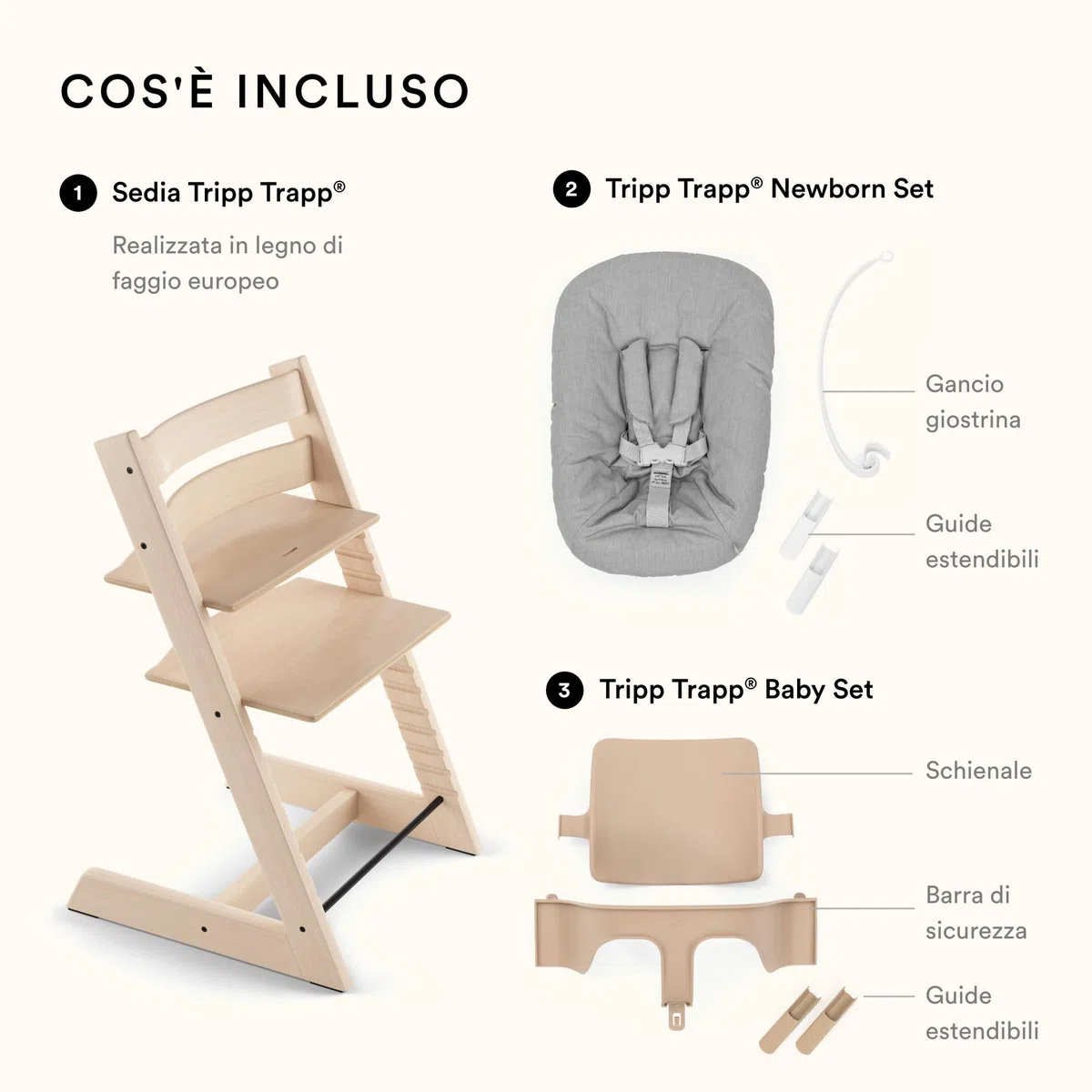 Seggiolone Tripp Trapp di Stokke, Natural (Include Sedia + Baby Set 2) con Newborn Set - Design Sicuro, Regolabile, Ergonomico