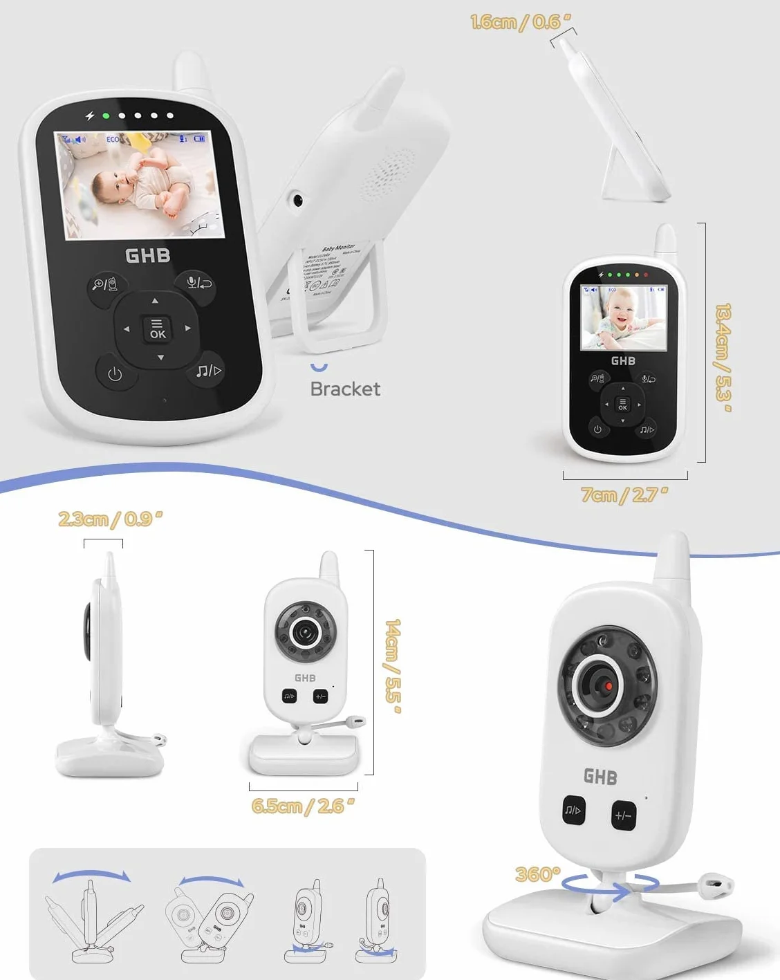 GHB Baby Monitor Videocamera Schermo 2.4" 950mAh VOX Visione Notturna Monitoraggio Temperatura