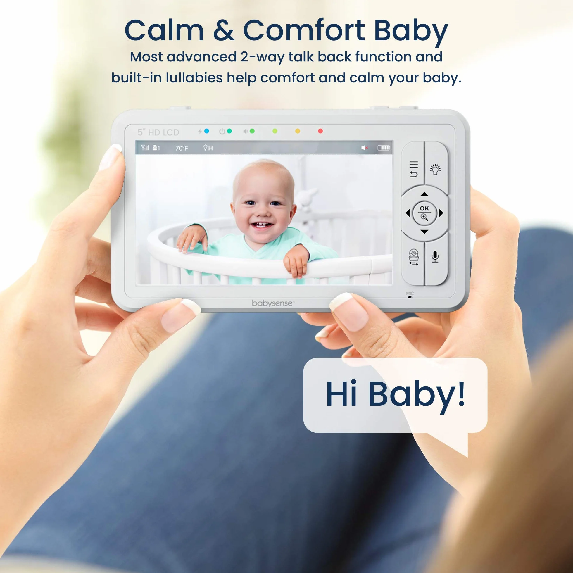 Babysense HDS2 - Monitor video per bambini con fotocamera e audio, baby phone 5" HD 720p, senza WiFi, luce notturna regolabile, portata estesa, audio bidirezionale, zoom 4X, visione notturna, batteria