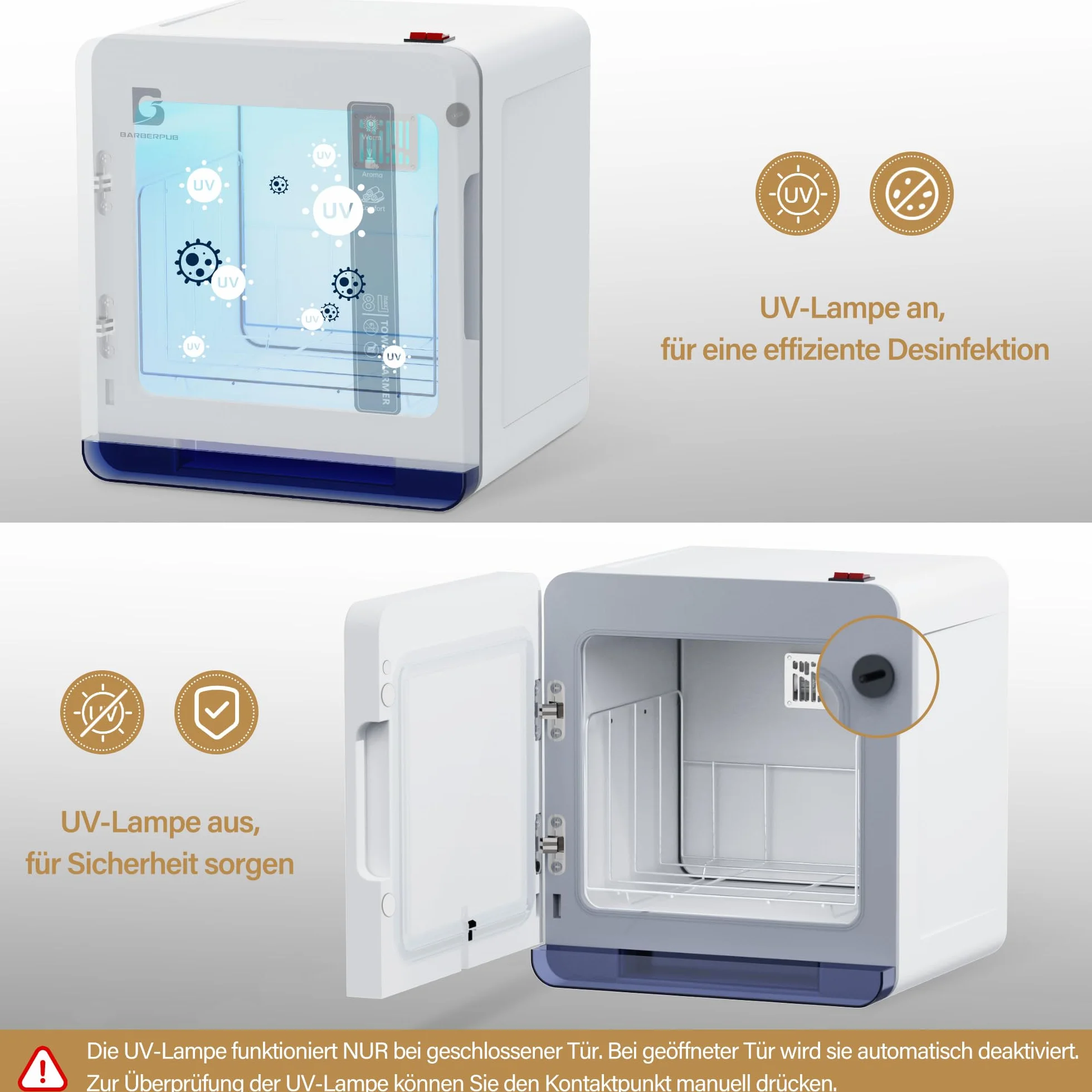 BarberPub Scaldasciugamani con sterilizzatore UV 8L, HW208W Bianco per saloni parrucchiere e centri estetici