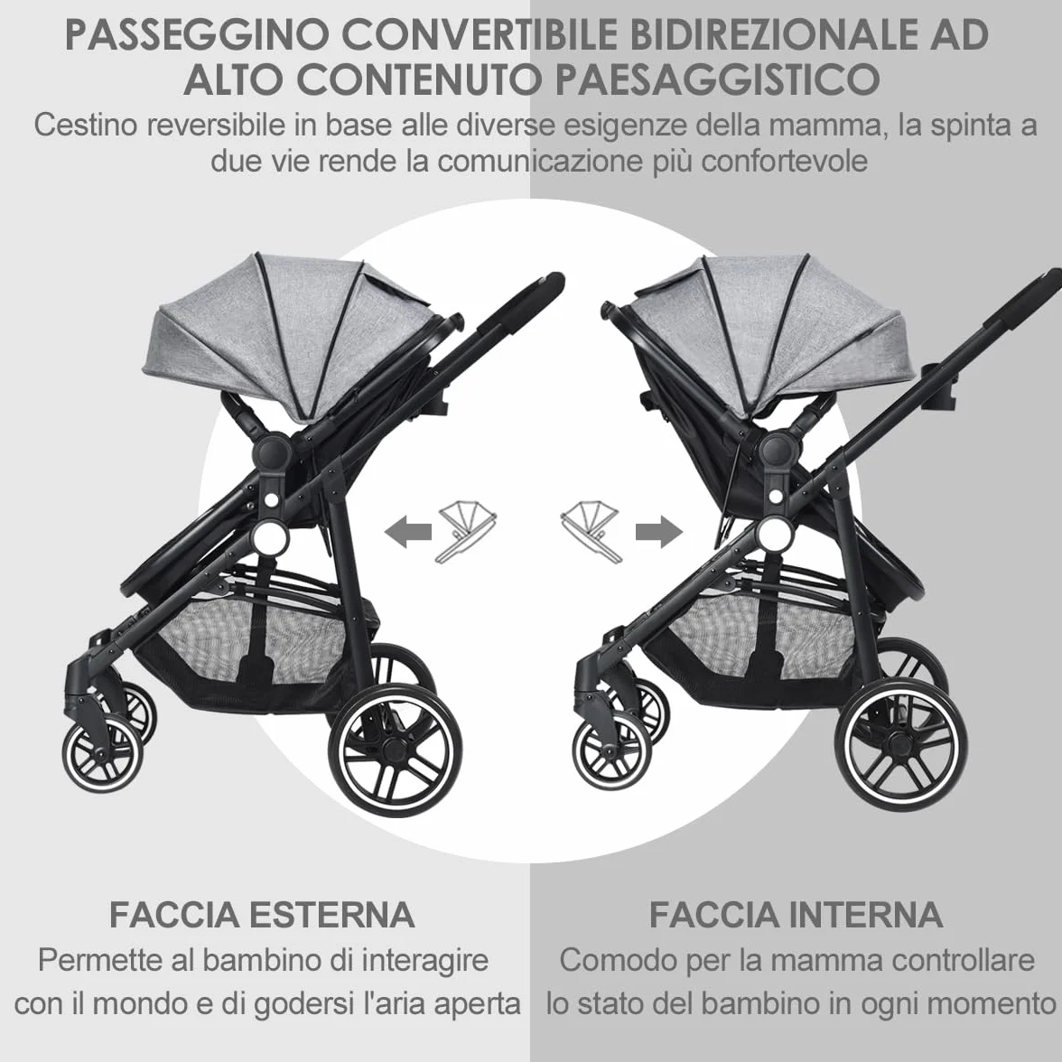 COSTWAY Passeggino 2 in 1 Pieghevole con Sedile Reversibile, Schienale Regolabile, per Bambini 0-3 Anni (Grigio)