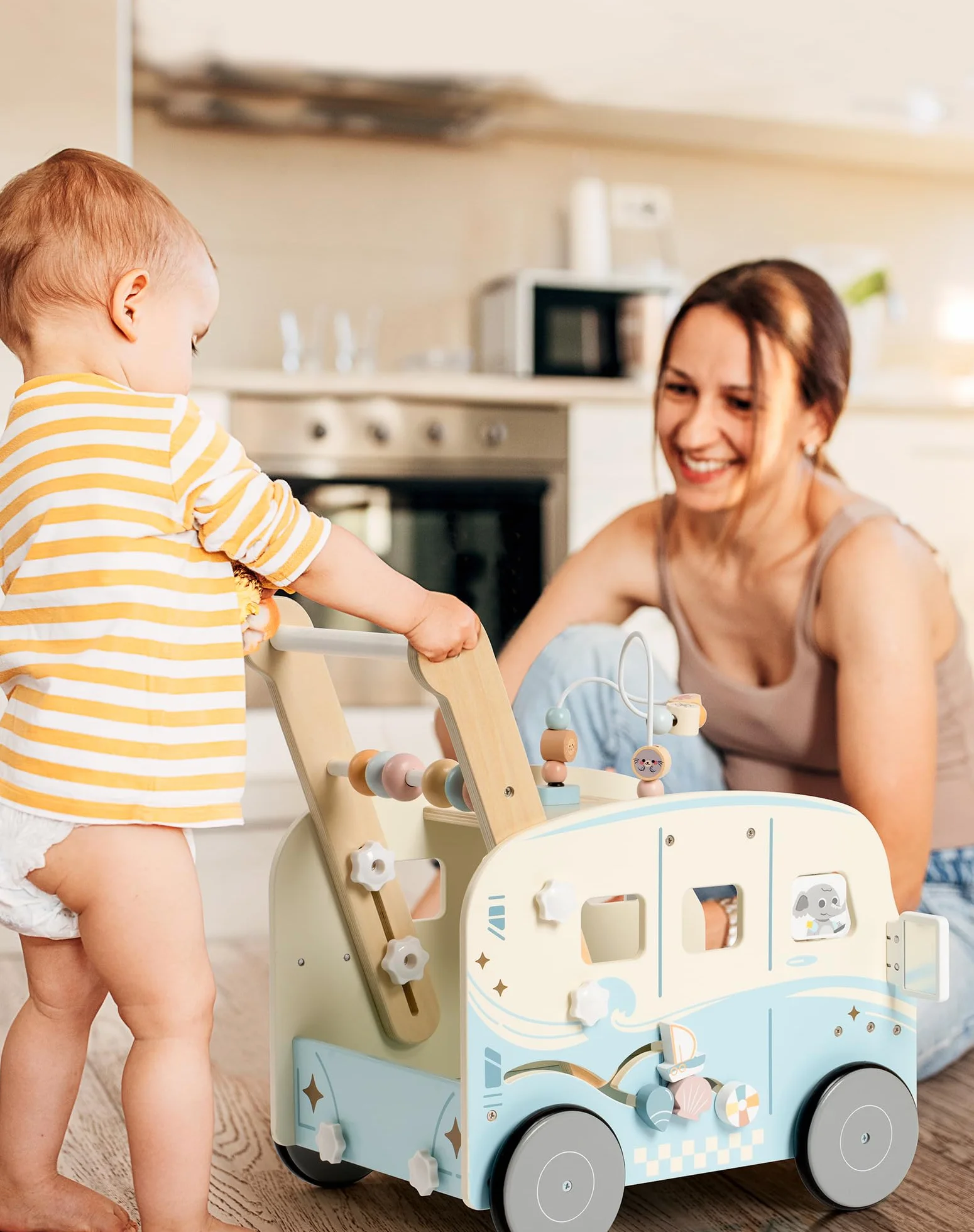 Robud Girello multifunzione in legno per bambini, con ruote e mattoncini, giocattolo primi passi con molteplici attività, da 10 mesi a 1-2 anni