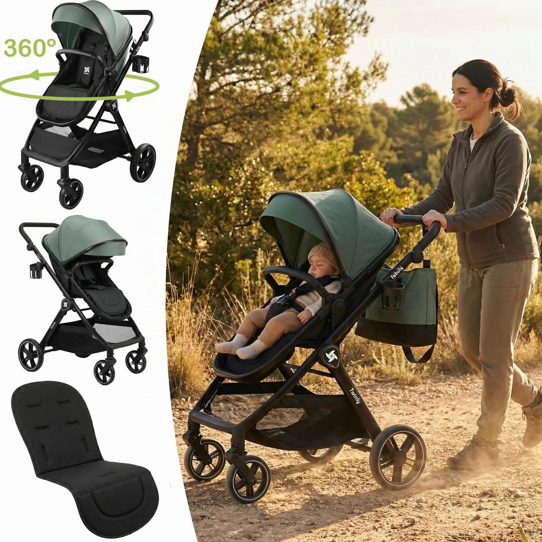 Passeggino Trio 3 in 1 Sistema Modulare Carrozzina Neonati Ovetto Auto Verde 25 kg